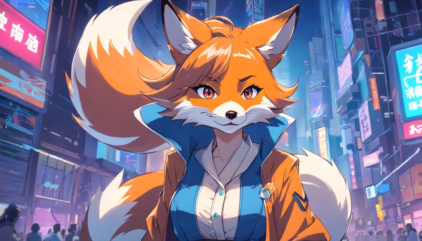 Anime-style image, an anthropomorphic cyberpunk fox, furry character portrait, badass anime 8 k, Triggered Anime Style, Furry anime, Furry art!!!, Furafinidad hairy, furaffinity commission, fursona art, Very beautiful fluffy art, furry digital art, Portrait of a fox's den, hiquality,beste-Qualit. The outerwear is a white sleeveless blouse with a diamond pattern on both sides and a blue wavy pattern on the bottom. This set was originally a long-sleeved kimono, hiquality, beste-Qualit,