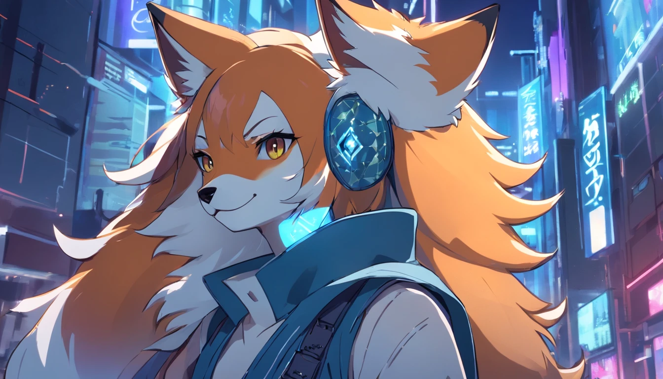 Anime-style image, an anthropomorphic cyberpunk fox, furry character portrait, badass anime 8 k, Triggered Anime Style, Furry anime, Furry art!!!, Furafinidad hairy, furaffinity commission, fursona art, Very beautiful fluffy art, furry digital art, Portrait of a fox's den, hiquality,beste-Qualit. The outerwear is a white sleeveless blouse with a diamond pattern on both sides and a blue wavy pattern on the bottom. This set was originally a long-sleeved kimono, hiquality, beste-Qualit,