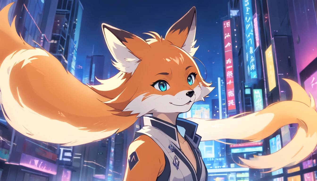 Anime-style image, an anthropomorphic cyberpunk fox, furry character portrait, badass anime 8 k, Triggered Anime Style, Furry anime, Furry art!!!, Furafinidad hairy, furaffinity commission, fursona art, Very beautiful fluffy art, furry digital art, Portrait of a fox's den, hiquality,beste-Qualit. The outerwear is a white sleeveless blouse with a diamond pattern on both sides and a blue wavy pattern on the bottom. This set was originally a long-sleeved kimono, hiquality, beste-Qualit,