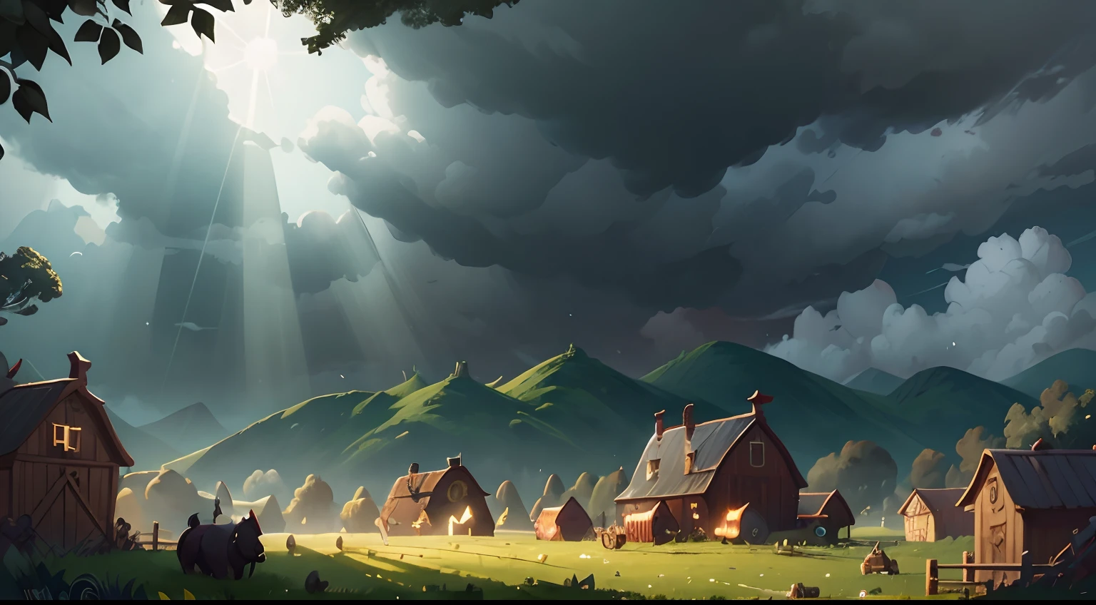 Contrast between the sunlight on the farm and the Baron's sinister arrival, With dark clouds and darkness against the sun and light on the farm.