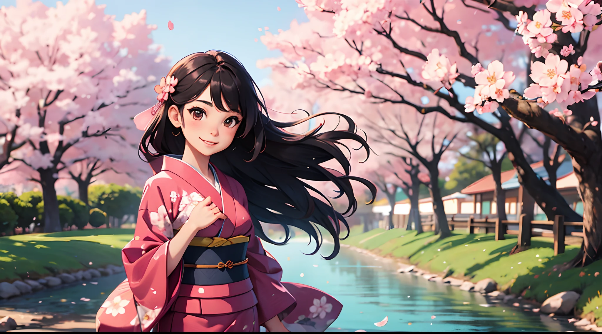 Female, young, kimono, shop, cherry blossom, blowing wind, flowing hair, smiling