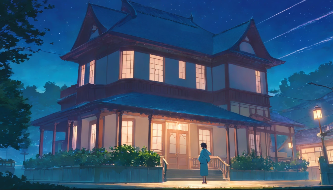 darkly, Old Victorian house standing alone in the moonlight,The color is bright,,dark night background,Men about ,white hair,light blue eyes,Long White Robe,Lock at the back,A wizard in the style of Harry Potter,tender,apathy