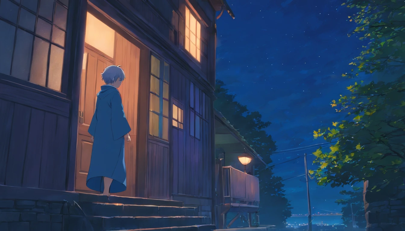 darkly, Old Victorian house standing alone in the moonlight,The color is bright,，dark night background，Men about ，white hair，light blue eyes，Long White Robe，Lock at the back，A wizard in the style of Harry Potter，tender，apathy