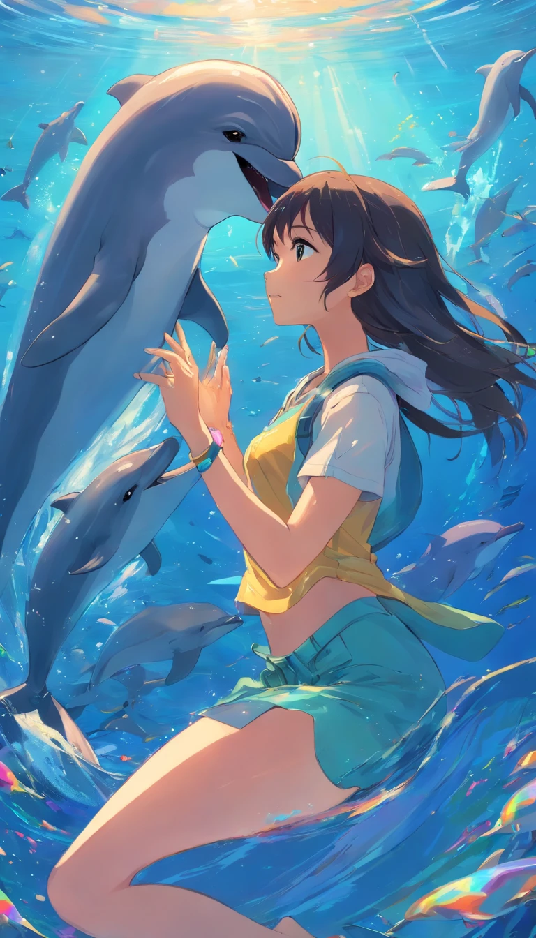 Painting of dolphins swimming in colorful ocean, Look up at the composition, A girl with a dolphin in her arms is in the middle,Dolphins are about the size of a girl,Dolphins and girls account for 30 of the picture%,Inspired by Cyril Rolando, dreamy psychedelic anime, colorful anime movie background, A beautiful artwork illustration, colorful concept art, Makoto Shinkai Cyrillo Rolando :: Makoto Shinkai, Cyrillo Rolando, Black silhouette of Renato Guedes, Ink by Richard Estes, Ralph Gones, Chuck closes, Charles Bell, Audrey Fleck, Don Eddie, Robert Bechtel, Ron Kleemann, Richard McLean, John Salter, This closed season, Superb quality