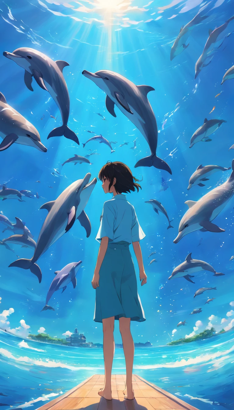 Painting of dolphins swimming in colorful ocean, Look up at the composition, A girl with a dolphin in her arms is in the middle，Dolphins are about the size of a girl，Dolphins and girls account for 30 of the picture%，Inspired by Cyril Rolando, dreamy psychedelic anime, colorful anime movie background, A beautiful artwork illustration, colorful concept art, Makoto Shinkai Cyrillo Rolando :: Makoto Shinkai, Cyrillo Rolando, Black silhouette of Renato Guedes, Ink by Richard Estes, Ralph Gones, Chuck closes, Charles Bell, Audrey Fleck, Don Eddie, Robert Bechtel, Ron Kleemann, Richard McLean, John Salter, This closed season, Superb quality