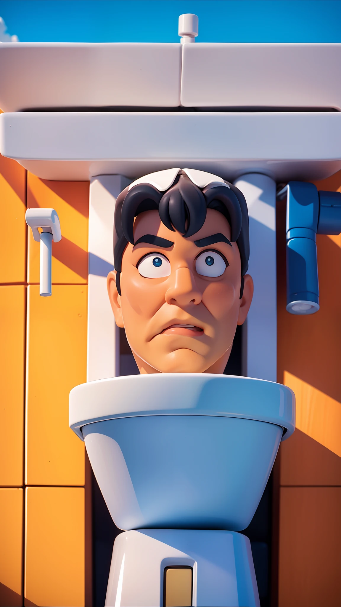 Lego Movies. (Man, Head, Toilet), building, outdoor.