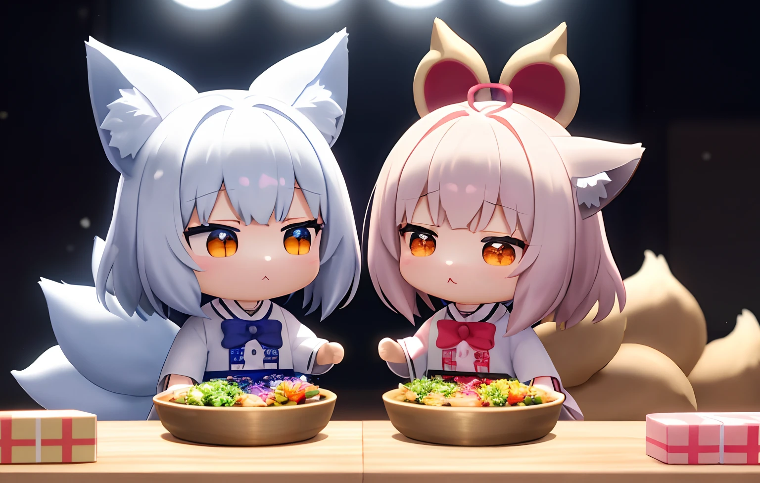Florist clerk、Pop Mart Blind Box IP、Close up of cute white robe doll、Young One Angel Style、Wear longer, Dress fluently、Lop style、Poseline doll、Little people々々々々々々々々々々々々々々々々々々々々々々々々々々々々々々。unreal enginee 5、Light 3D/C4D production: 8K HD quality/illuminating/Ultra-fine lens description 1.5、flawless、Chibi Background/Cinematic。Tuna bowl、macadamia、(((7Foxes get along well)))