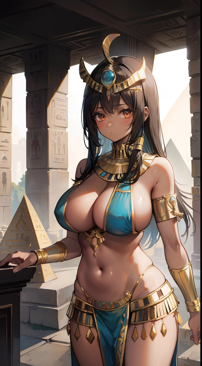 ancient Egyptian，pyramid，(Cleopatra)，Pharaoh，(huge tit)，cleavage，((Pubic bone))，(Dark  skin)，Brown skin，Black skin，negroid，african man