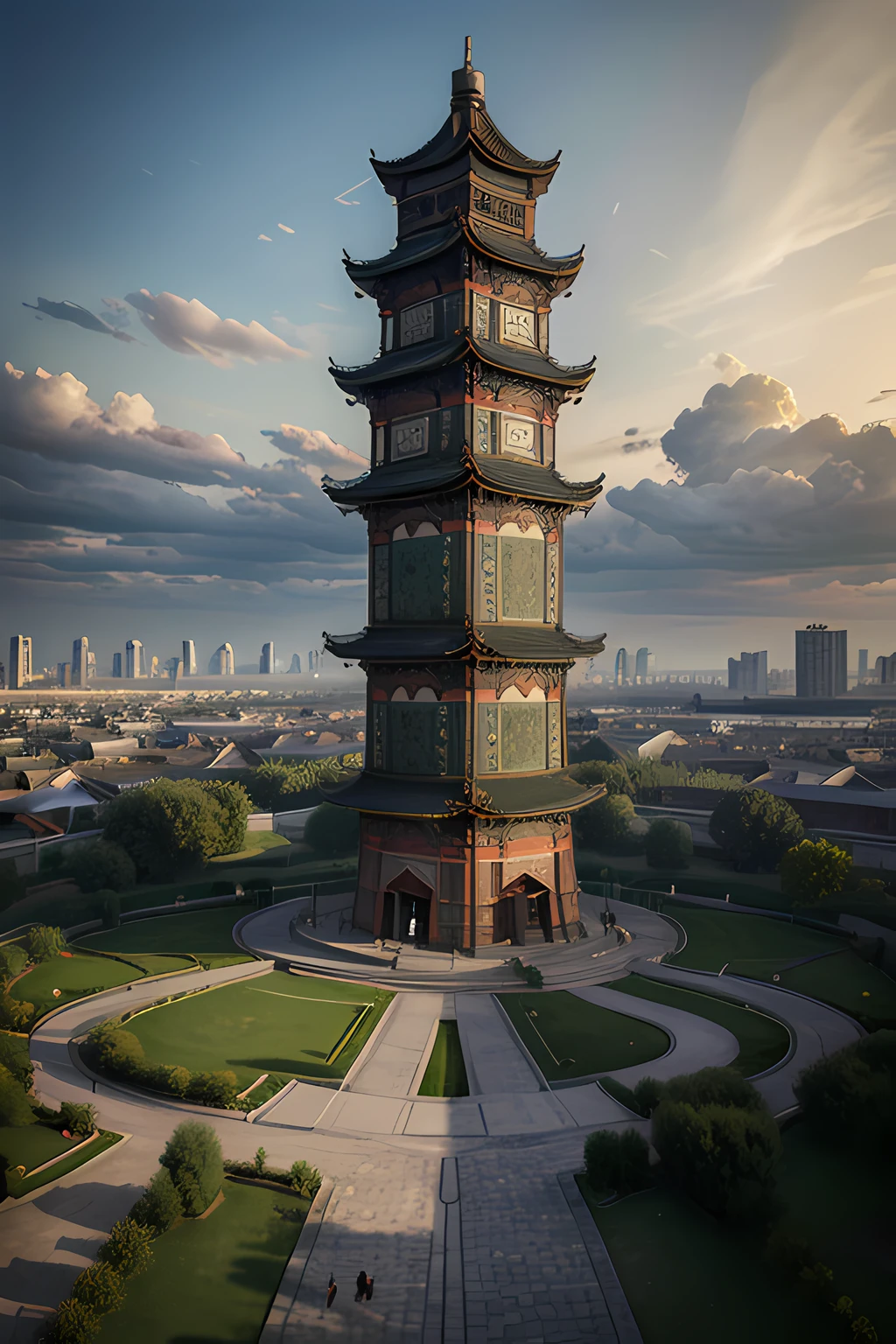 Xi'an Bell Tower,OilPaintStyle,Van Gogh style,high detail, UHD, high details, best quality, highres, HD, 16k