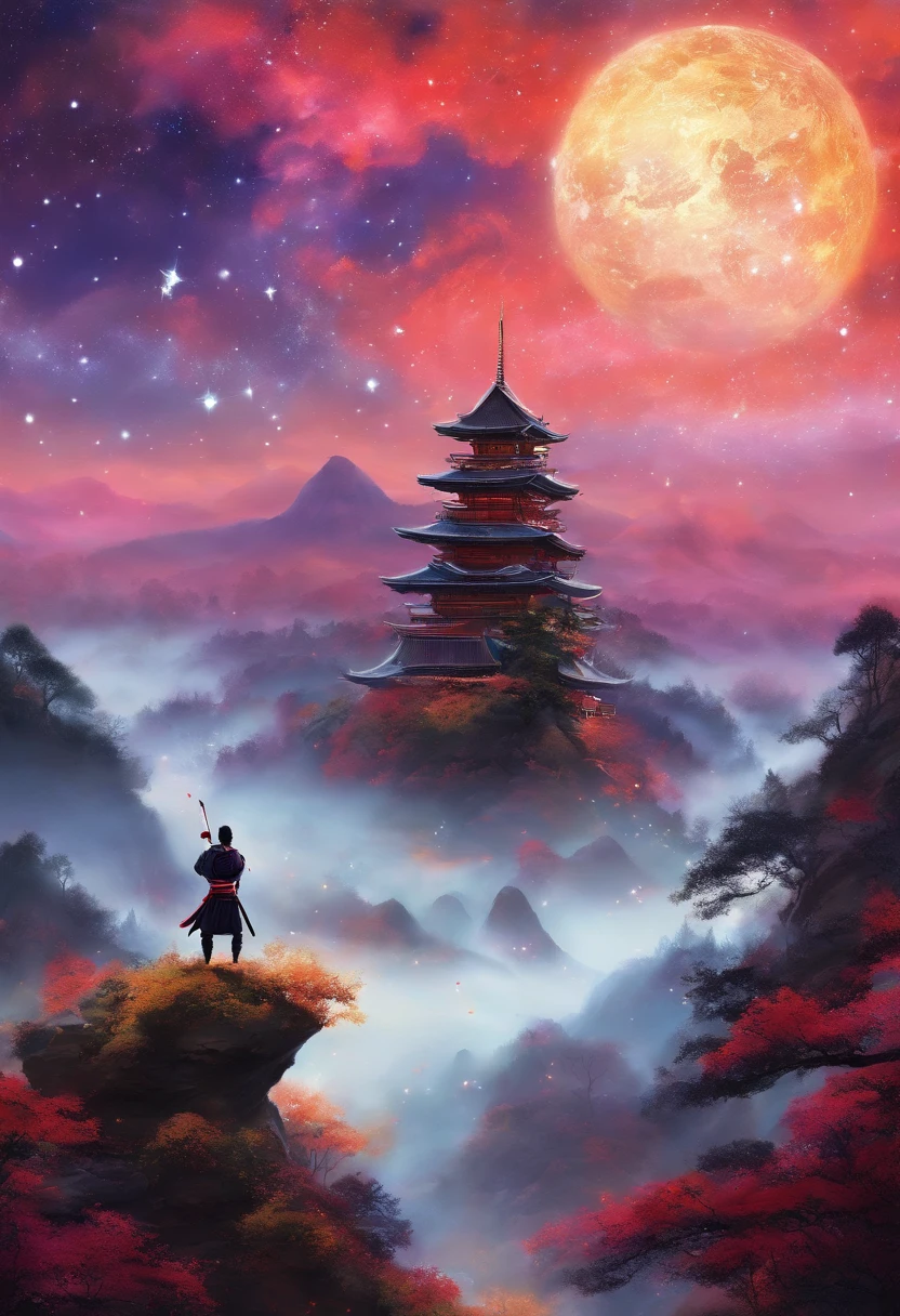 O samurai segura duas katana, Starry sky and mist cover the landscape.