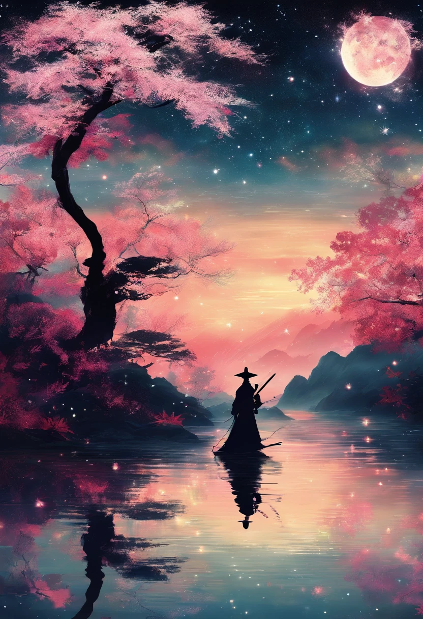 O samurai segura duas katana, Starry sky and mist cover the landscape.