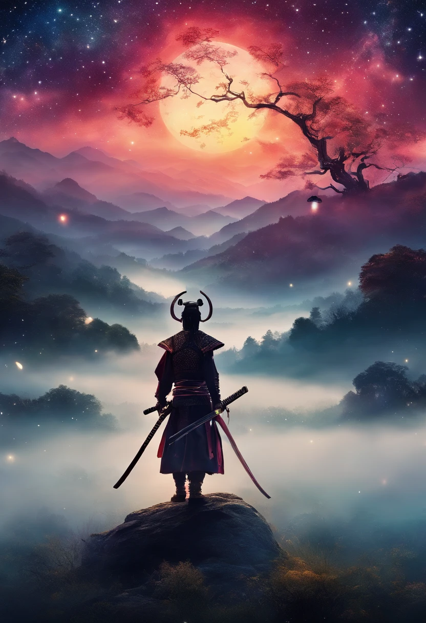 O samurai segura duas katana, Starry sky and mist cover the landscape.