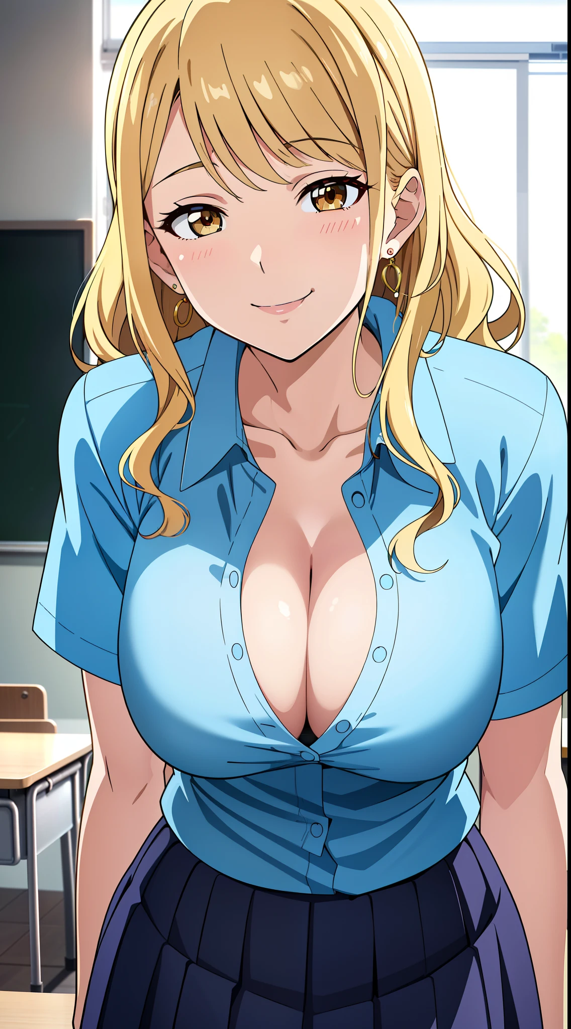 (best quality:1.5, highres, UHD, 4K, detailed lighting, shaders), blonde wavy hair, gyaru, large breasts, short sleeve school uniform, cleavage, unbuttoned shirt, sexy, skirt, (pov, close shot), earrings, smiling, standing, classroom background