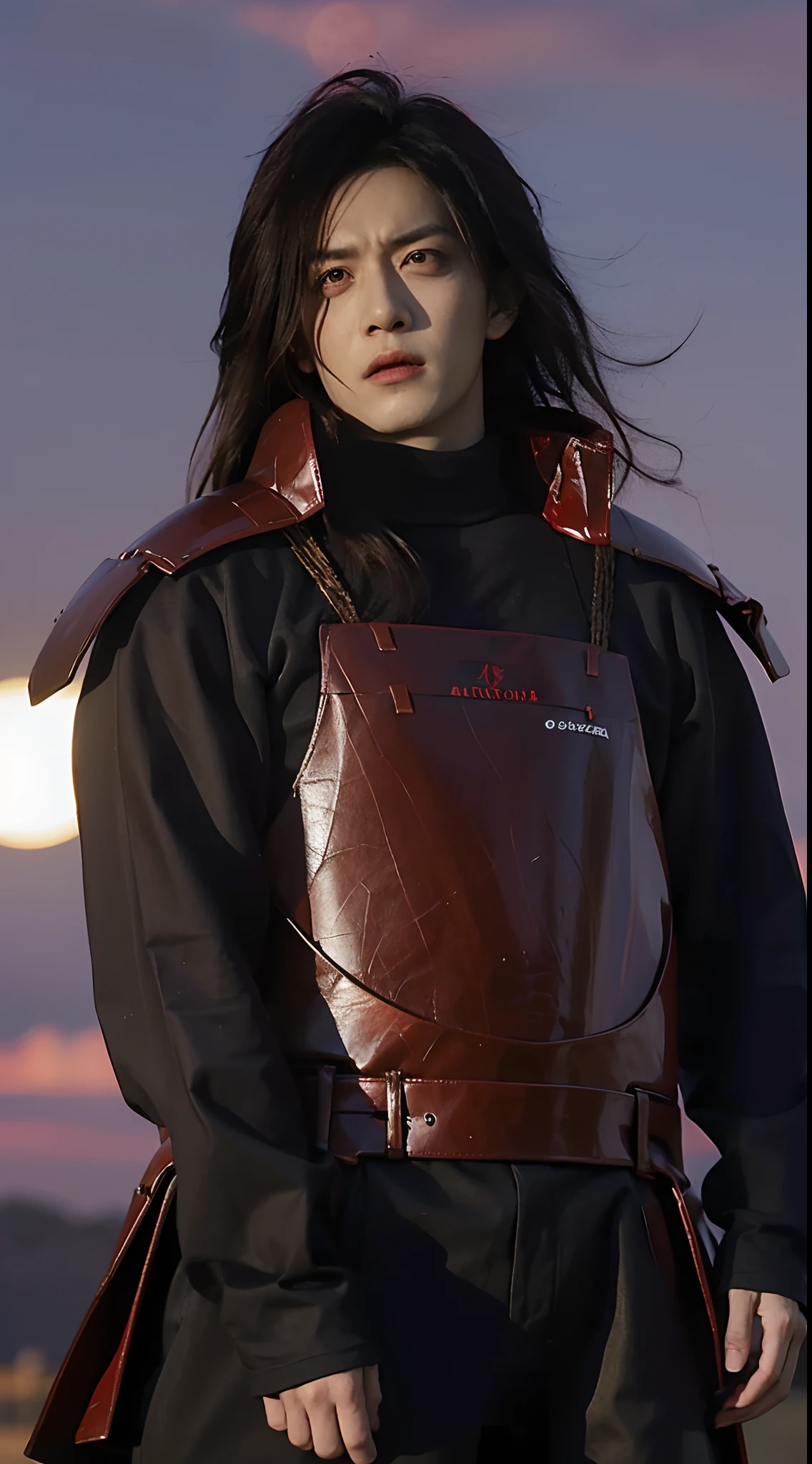 Real life adaption of this character,his name is Madara uchiha from anime Naruto,Korean adult handsome face,realistic long messy hair,realistic outfit with red iron armor like samurai,realistic light,realistic shadow,realistic background,(photorealistic:1.2),very angry expression,red eyes color,the moon in the background is red color