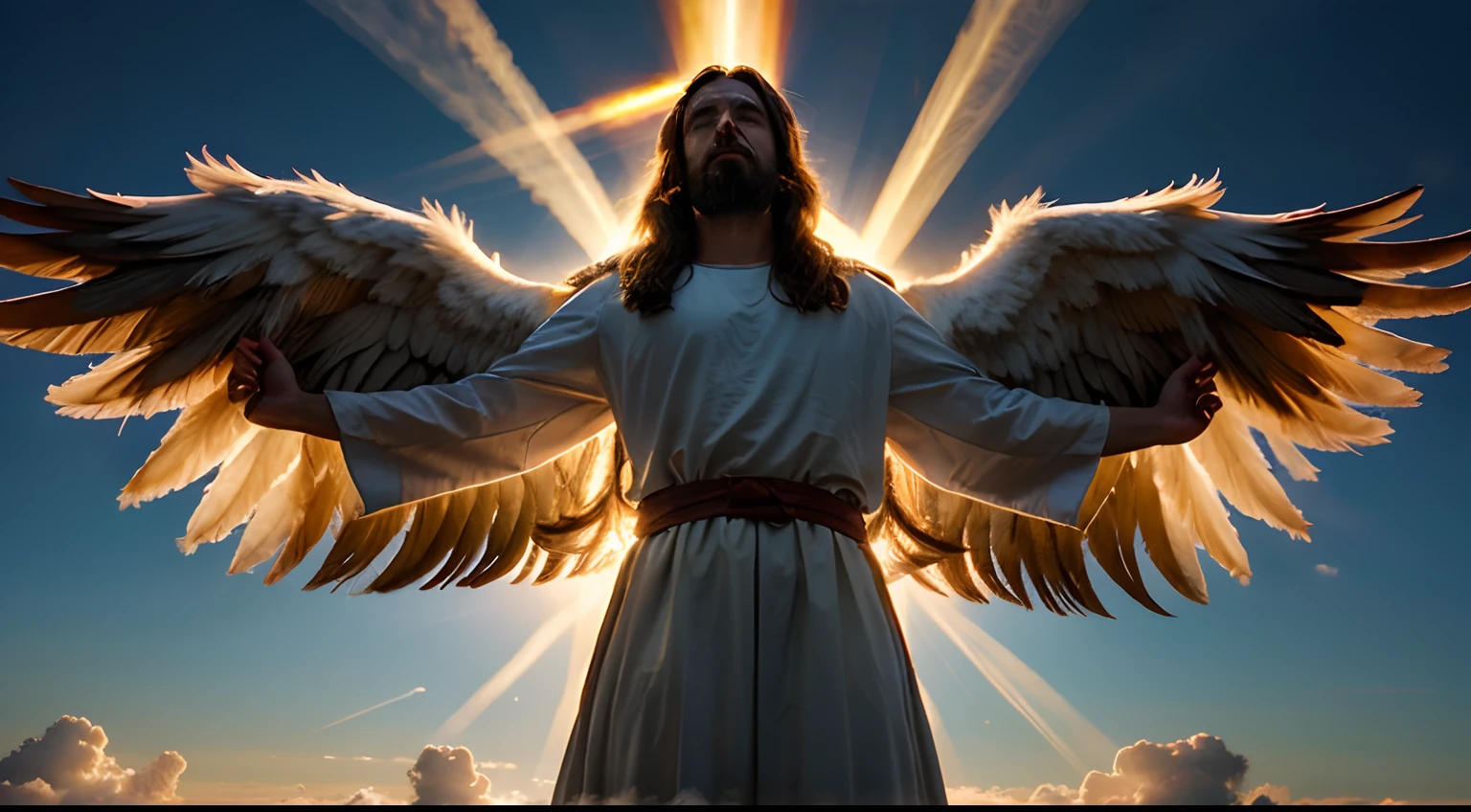 Jesus Christ, coming in the clouds with angels, warm and flashy colors