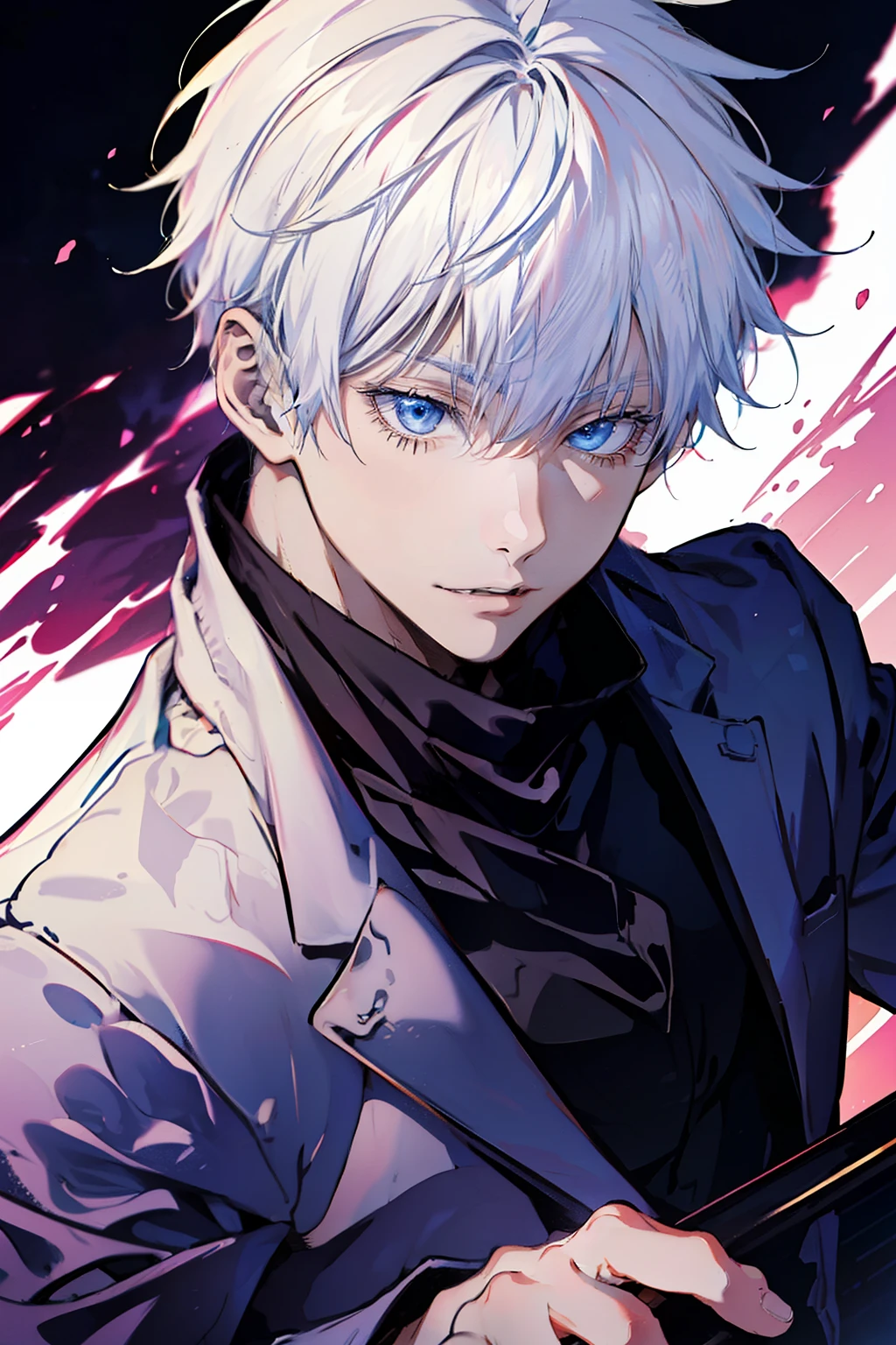 (absurderes, A high resolution, ultra - detailed, hdr), tmasterpiece, NSFW, Best quality, jujutsu kaisen, Satoru Gojo, 1 person only in battle, goodlooking, short  hair, whaite hair, vibrant blue eyes, Fine eyes and a delicate face, (((fires, yeero, On your back)) armure, ((Intricate weapons)). Final Fantasy, Abs, badass posture, Anime boy holding a sword in both hands, Anime pose fighting, Handsome anime, male anime character, Badass anime 8K, detailed anime character art, High density iconography review anime concept anime McManus, Anime boys, ikuto yamashita, Anime CG soft art, manga wallpaper 4k, Inspired by Hiroshi Yamagata, anime wallaper