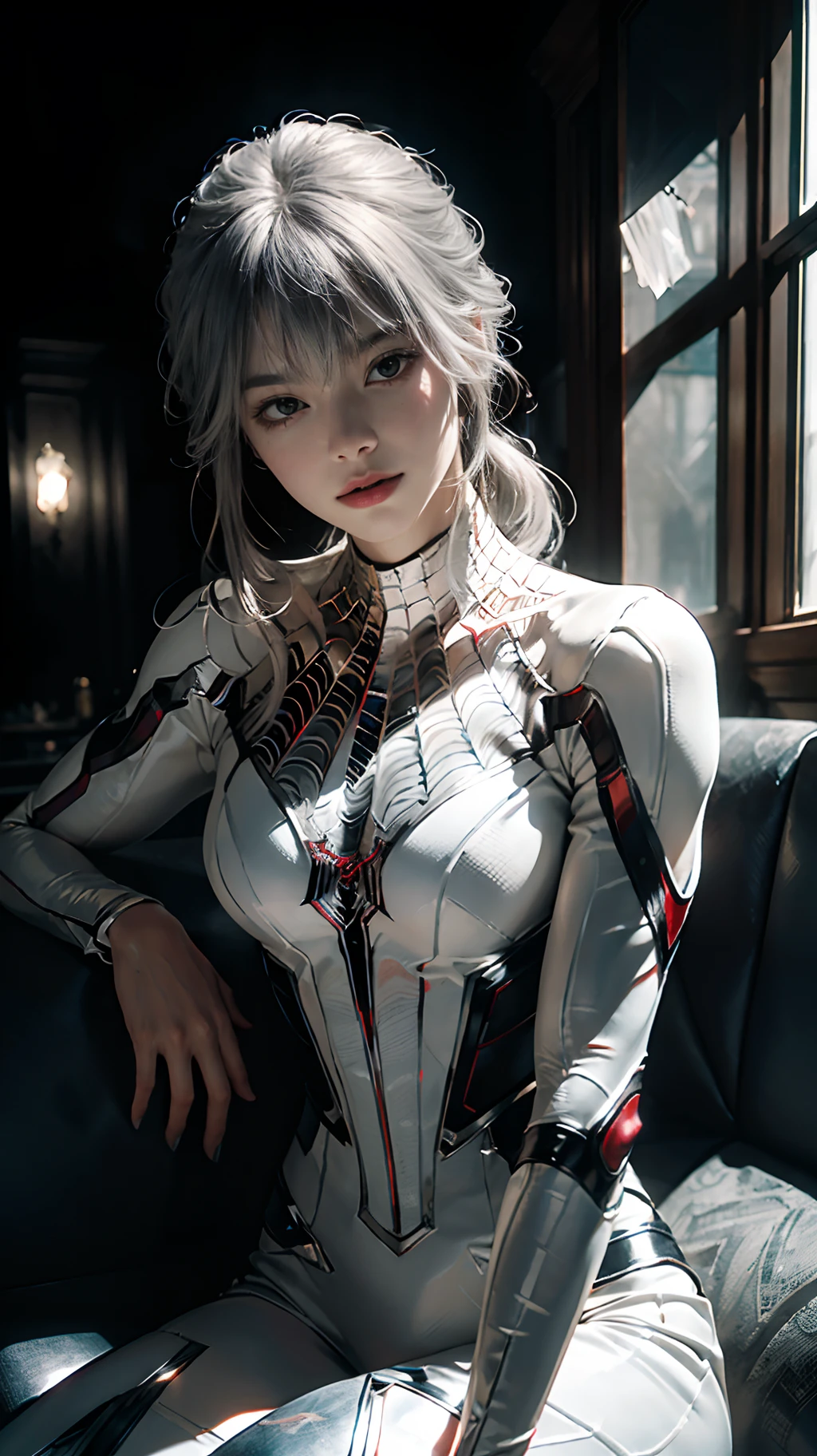 (Extreme Detail CG Unity 8K wallpaper, masterpiece, highest quality), (Exquisite lighting and shadow, highly dramatic picture, Cinematic lens effect), a girl in a white Spider-Man costume, silver gray hair color, from the Spider-Man parallel universe, Wenger, Marvel, Spider-Man, sitting on the couch, dynamic pose), (excellent detail, excellent lighting, wide angle), (excellent rendering, enough to stand out in its class), focus on white Spider-Man costumes, complex spider textures