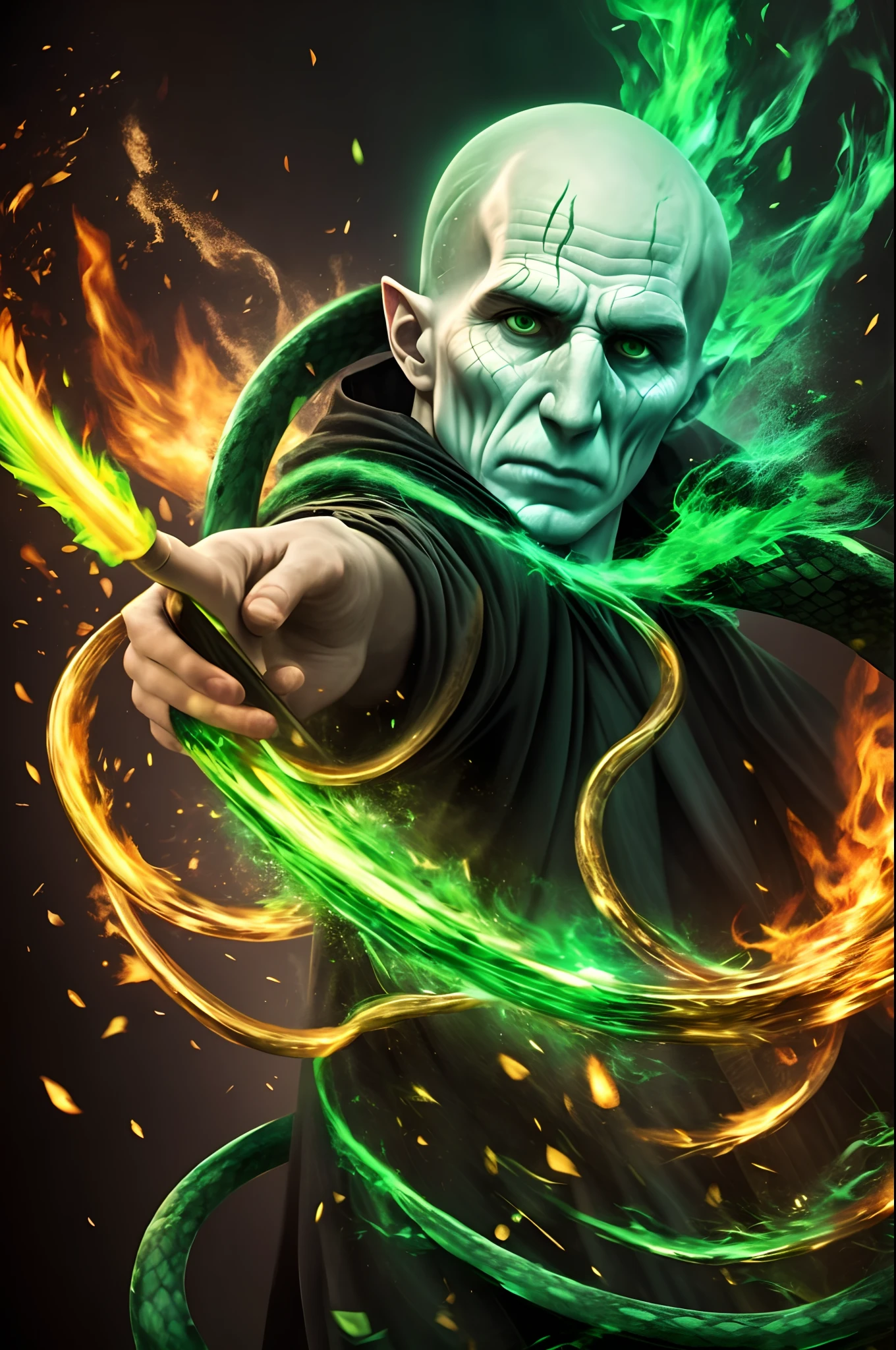 Voldemort black clothes green eyes snakes with green powers around him realistic green fire Elder wands Harry Potter Dumbledore psychedelic green 4k hd real human --auto --s2