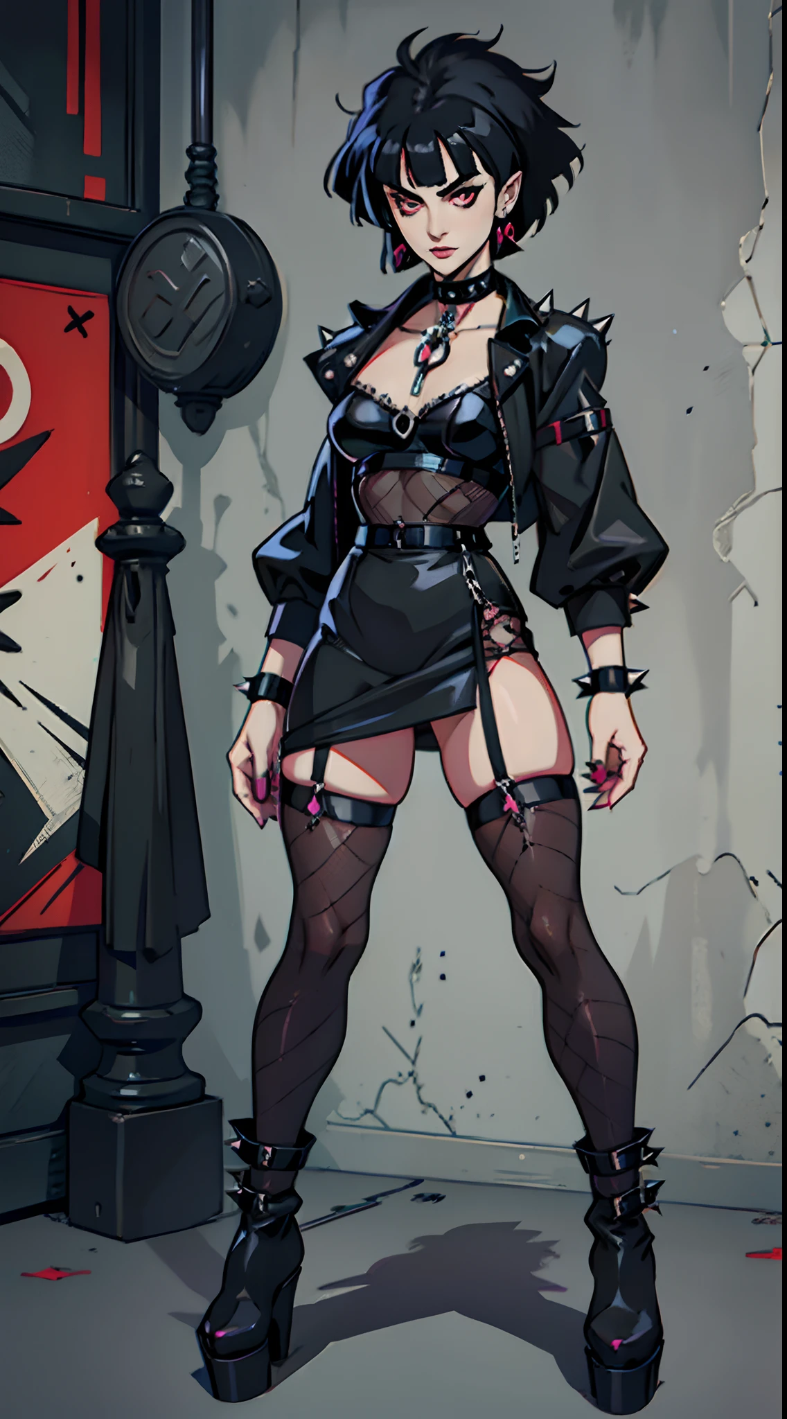 Goth woman, Siouxsie Sioux, long black hair with bangs, Cross rosary, cross pendants, spike choker, spike bracelet, black outfit, fishnet stockings, black platform boots, full body