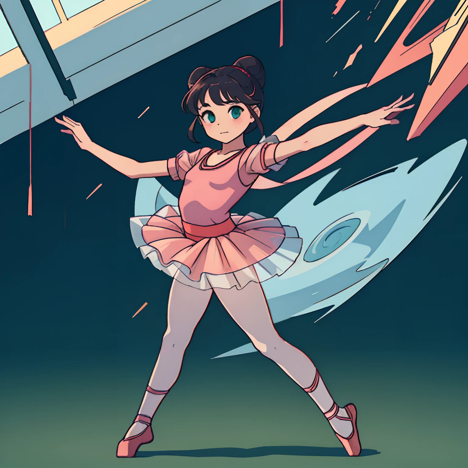 A cute  japaneese girl doing ballet, drawn in anime style, full body view, futuristic, Y2K aesthetic, sci-fi, jade green eyes, brown ballet bun hair, small breast, red leotard with short sleeves, wide tutu skirt, tights covering entire legs, pointe shoes, dancing in a high tech ballet studio, normal camera angle, highly detailed, 4K.