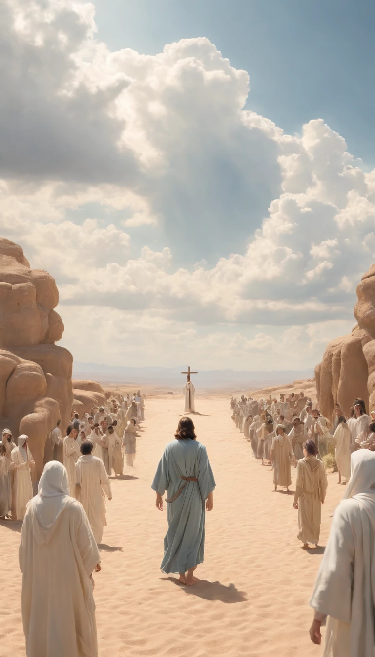 Jesus was in the desert surrounded by people, Background sky with angels but clouds, in the style of Studio Ghibli, Estilo de Makoto Shinkai."