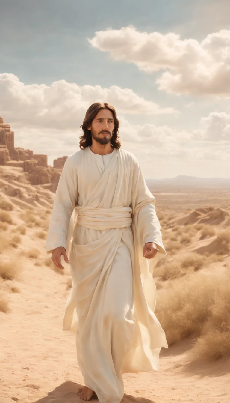 Jesus was in the desert surrounded by people, Background sky with angels but clouds, in the style of Studio Ghibli, Estilo de Makoto Shinkai."