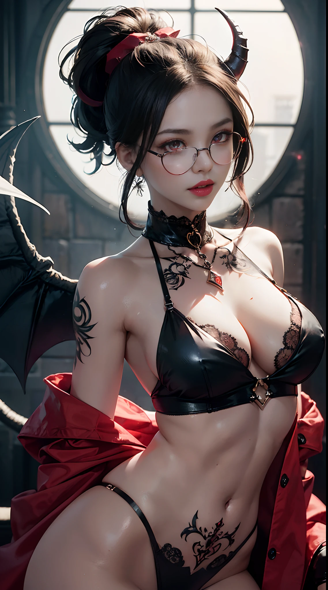 Fine、(The best illustrations)、8k UHD resolution、intricate-detail、top-quality、realisitic、ultra-detailliert、The best lighting、Best Shadows、Soft lighting、Ulutra HD、1 beautiful devil woman from hell, surreal female portraits by David Hockney and Alphonse Mucha, Fantasy Art, Chinese Doll、Dungeon and Dragon、Devil's Palace、Devil's Torture Chamber、magia、 A Necromancer、natta、Dark style、Succubus、Devil's Daughter、Bat Wings,(((Demon Horns)))、((((black-rimmed round glasses))))、(((Colossal tits)))、(Devil's Tail)、(red eyes glowing:1.6)、 intricate tattoos, demonic intricate tattoos, thigh tattoos, body tattoos, masterpiece、beautiful countenance、Muscular seductive body、The enchanting body of the devil、Seductive Black Magic Costume、Shiny red tentacles wrapped around her hand、Tindall Effect、photos realistic、(High Detail Skins:1.2)、 (Intricate details, makeup, pureerosface_v1:0.5), (Detailed beautiful delicate face, Detailed beautiful delicate eyes, A perfectly proportioned face, High detailed skin, Detailed skin, best ratio four finger and one thumb, arms below breasts, Tattoo with a red glow under the stomach、Awesome awesome, wide hips, smooth midriff, skiny and thin, __Fashion__, __hair__:1.25)、Digital SLR、hightquality、a picture、hight resolution、 absurderes、Ponytail distortion、1人、Red sparkling gemstone necklace、jewely、Beautiful expression、Body Up、Large breasts emphasis、Toned waist、Wide buttocks、Devil's Tail、intricate tattoos, demonic intricate tattoos, thigh tattoos, body tattoos, effect、Photorealsitic、(High Detail Skins:1.2)、In the Dark, lowkey, cowboy lens, (Black Phoenix Dress: 1.0), Seductive Black Magic Costume、Long hair, Black hair, Bust, Devil's Palace, devil crown, red eyes make up very sharp and detailed, The most beautiful face, Super tight breasts, Breast augmentation surgery, The breasts are very big and round and round, Black magic costume、Super realistic , Charming smile, The eyes are very well made up, ((Red Eye:1.0)), guweiz, devil style,Muscular seductive body、 wearing black me