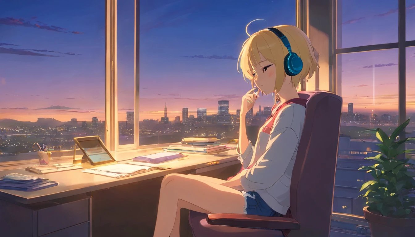 portlate、512、lo-fi、blonde Girl in headphones sitting on a chair、Napping at your desk、Eyes closed、City view outside the window、early evening、PastelColors、Painting, blonde girls