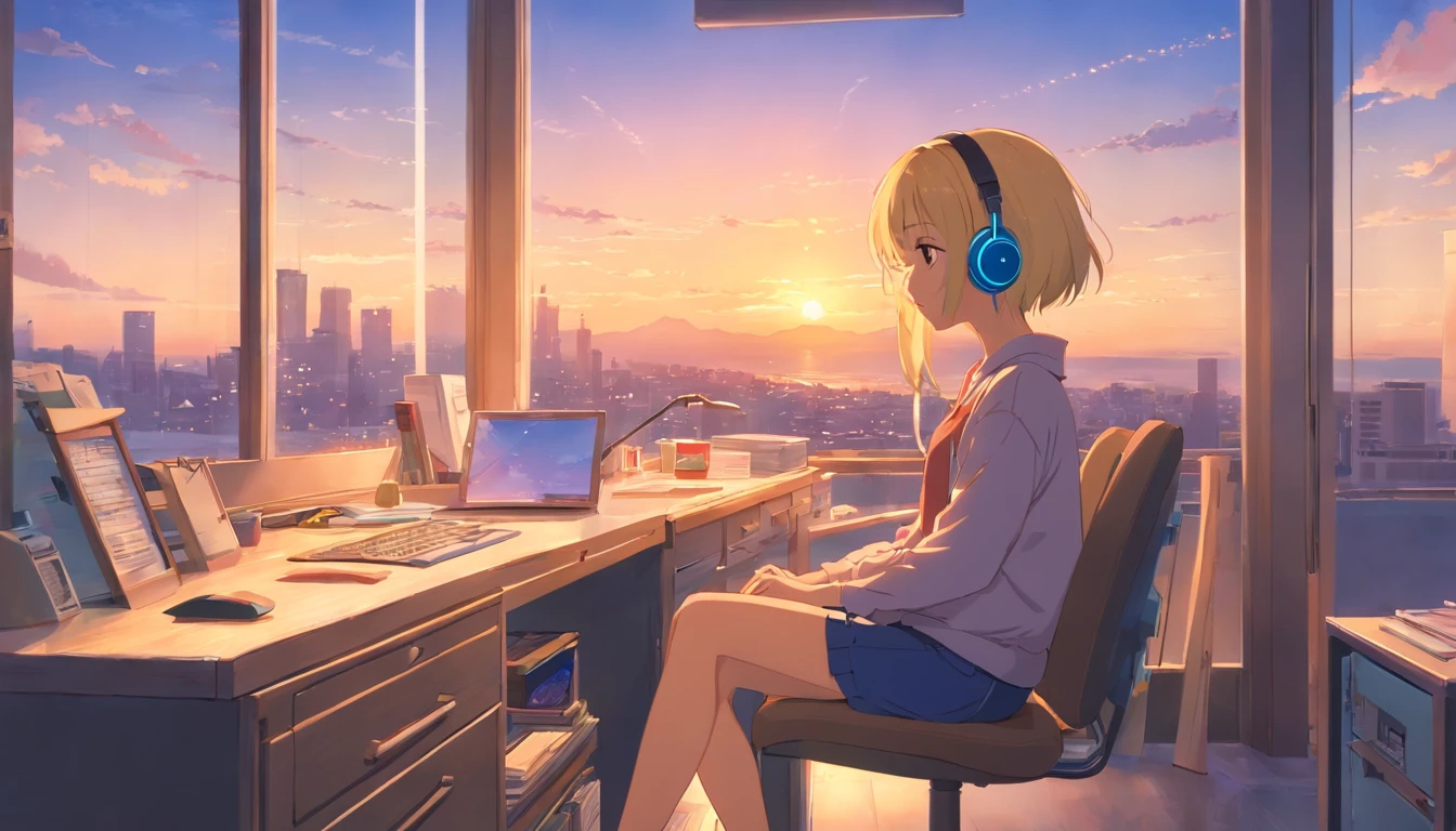 portlate、512、lo-fi、blonde Girl in headphones sitting on a chair、Napping at your desk、Eyes closed、City view outside the window、early evening、PastelColors、Painting, blonde girls