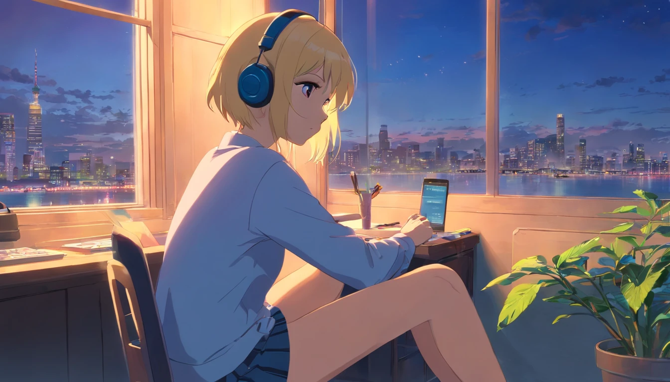 portlate、512、lo-fi、blonde Girl in headphones sitting on a chair、Napping at your desk、Eyes closed、City view outside the window、early evening、PastelColors、Painting, blonde girls