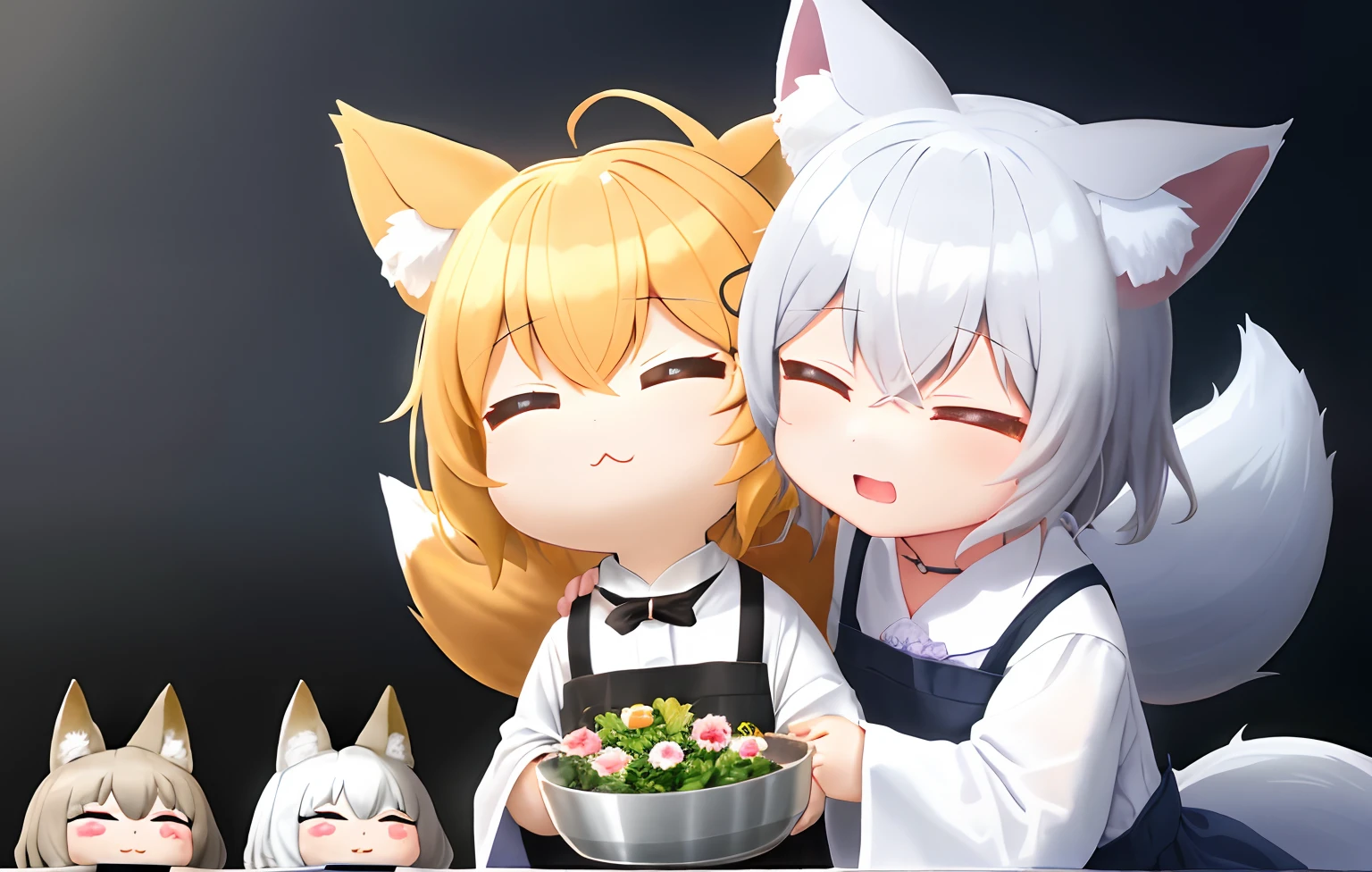 Florist clerk、Pop Mart Blind Box IP、Close up of cute white robe doll、Young One Angel Style、Wear longer, Dress fluently、Lop style、Poseline doll、Little people々々々々々々々々々々々々々々々々々々々々々々々々々々々々々。unreal enginee 5、Light 3D/C4D production: 8K HD quality/illuminating/Ultra-fine lens description 1.5、flawless、Chibi Background/Cinematic。Tuna bowl、macadamia、(((7Foxes get along well)))