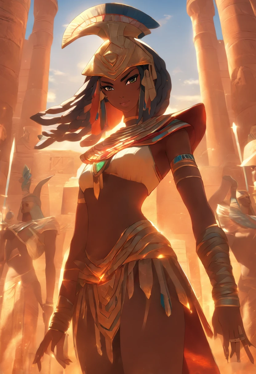 ((Neith with shield))) best quality, very high resolution, 4K detailed CG, masterpiece, Egyptian mythology, Maat, woman, shield, arrows, sun in the background, Ancient Egypt, standing pose, orange clothes, clothes Egyptians, Egyptian temple, desert, Ancient Egypt, ((standing pose)), Egyptian palace, aesthetics, beautiful image, centered on screen, full body