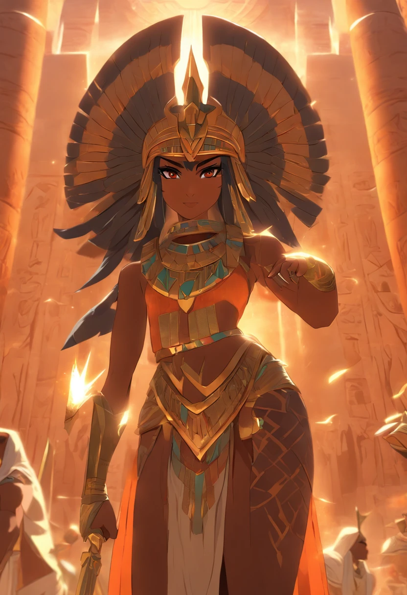 ((Neith with shield))) best quality, very high resolution, 4K detailed CG, masterpiece, Egyptian mythology, Maat, woman, shield, arrows, sun in the background, Ancient Egypt, standing pose, orange clothes, clothes Egyptians, Egyptian temple, desert, Ancient Egypt, ((standing pose)), Egyptian palace, aesthetics, beautiful image, centered on screen, full body