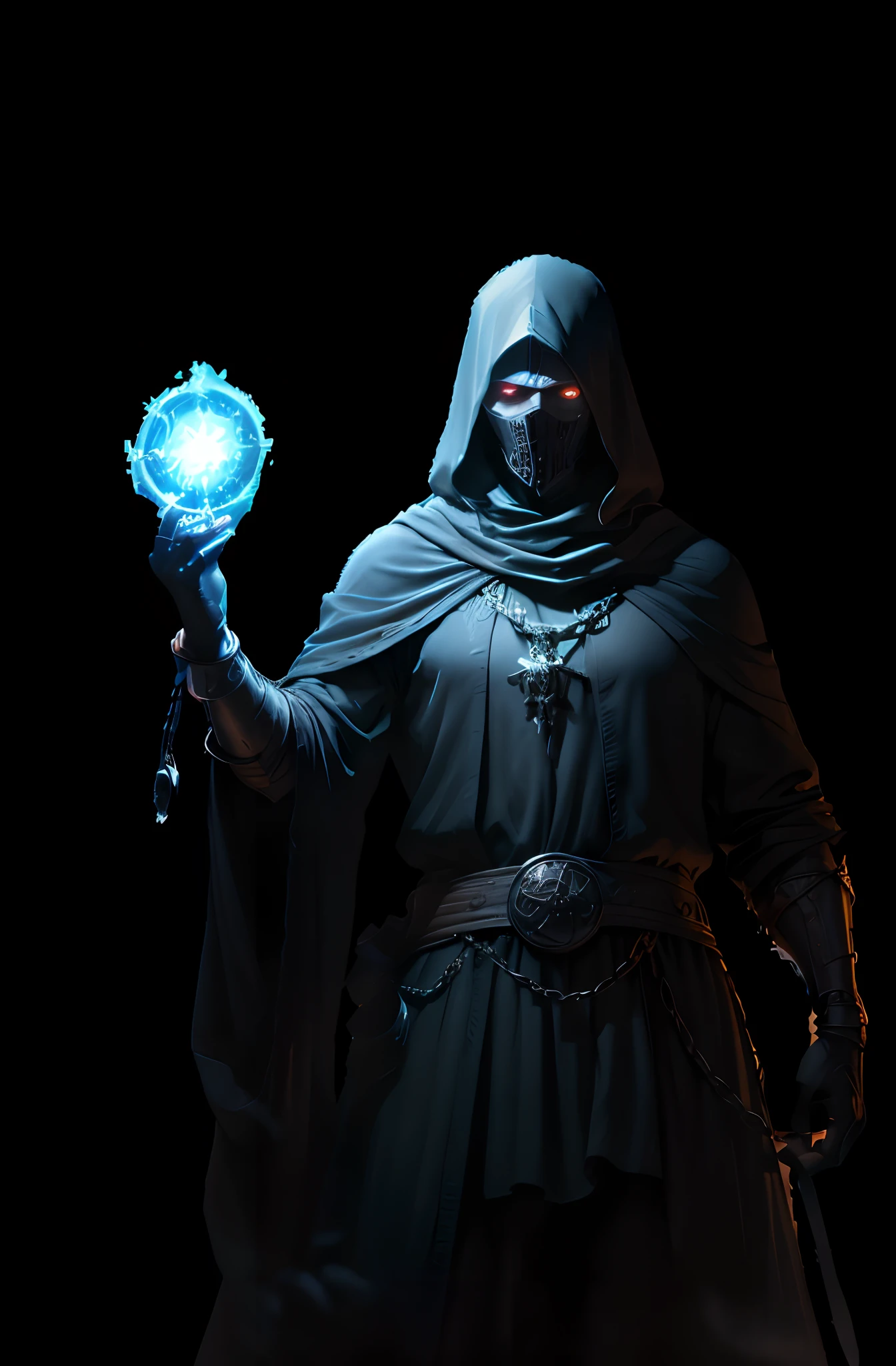 Dramatic scene of a person standing holding a chain in a centered dark room, necromante de capa escura, an arcane wizard casting a spell, feiticeiro malvado, feiticeiro masculino malvado, Lich Vecna (d&d), mago das trevas, Cultist, Mascara de ferro, Arte do Jogo de Cartas de Fantasia, ocultista, Mago vivo morto, Wraith com capuz escuro, postura impositiva, dramatic background, obscuro