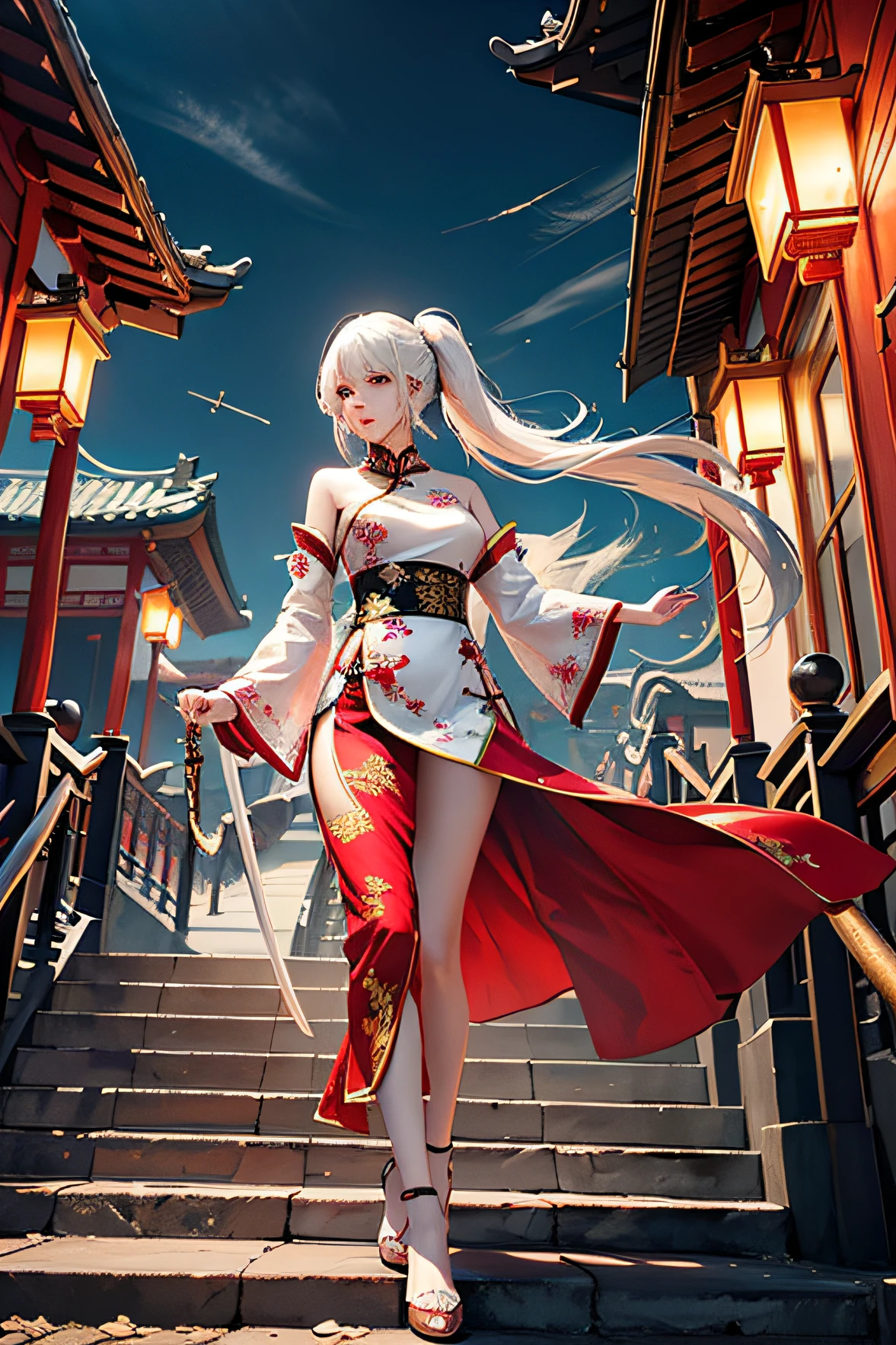 Gorgeous Chinese background,Floating classical architecture,White sword light,black color hair,galaxias,(light stre),striking visual effects,(dynamic streaks,Luminous trajectory:1.2),vivd colour