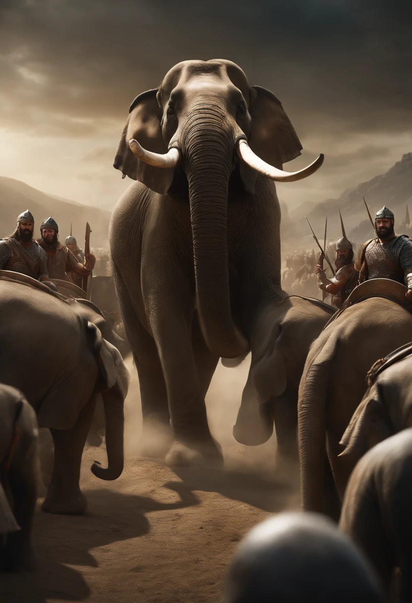 Hannibal Barca, a Carthaginian general, and his army crossed the treacherous Alps with a troop of elephants. realistic, 8k, detailed, 3D rendering, high-speed blur, Cinematic, crazy details, intricate details, well-developed concept, distinct personality, different style, photorealistic