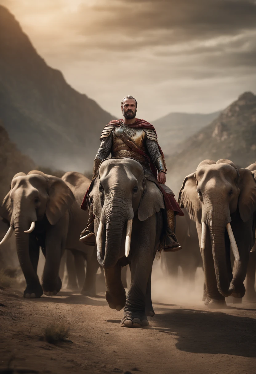 Hannibal Barca, a Carthaginian general, and his army crossed the treacherous Alps with a troop of elephants. realistic, 8k, detailed, 3D rendering, high-speed blur, Cinematic, crazy details, intricate details, well-developed concept, distinct personality, different style, photorealistic