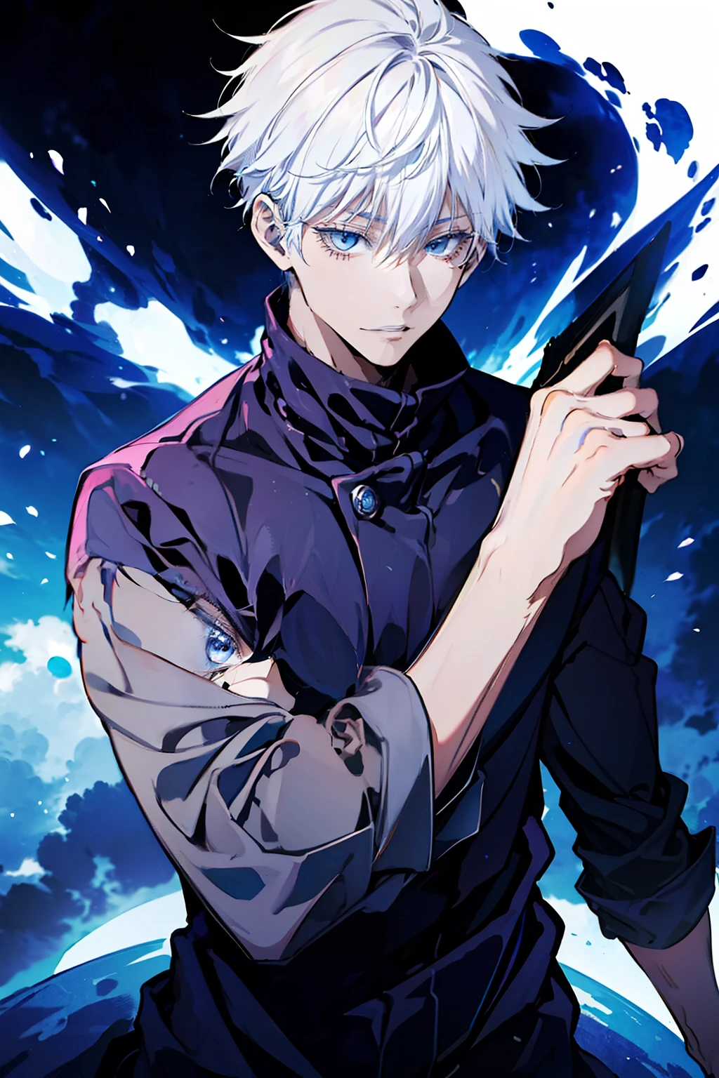 (absurderes, A high resolution, ultra - detailed, hdr), tmasterpiece, NSFW, Best quality, jujutsu kaisen, Satoru Gojo, 1 person only in battle, goodlooking, short  hair, whaite hair, vibrant blue eyes, Fine eyes and a delicate face, (((fires, yeero, On your back)) armure, ((Intricate weapons)). Final Fantasy, Abs, badass posture, Anime boy holding a sword in both hands, Anime pose fighting, Handsome anime, male anime character, Badass anime 8K, detailed anime character art, High density iconography review anime concept anime McManus, Anime boys, ikuto yamashita, Anime CG soft art, manga wallpaper 4k, Inspired by Hiroshi Yamagata, anime wallaper