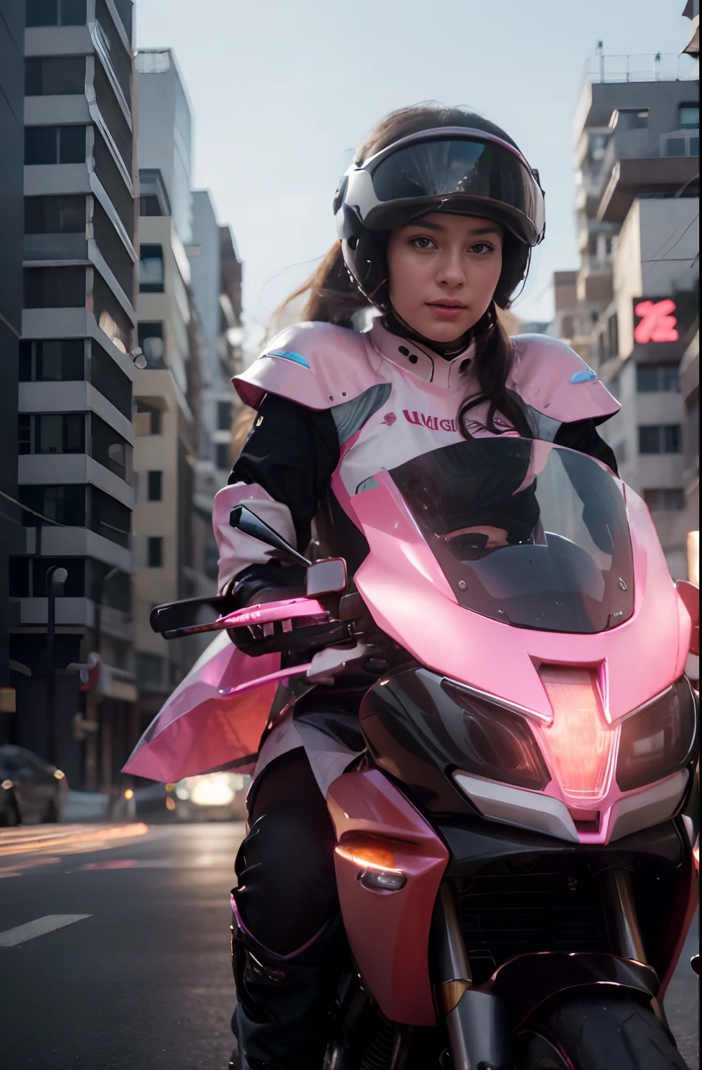 Highest image quality, outstanding details, ultra-high resolution, (realism: 1.4), the best illustration, favor details, highly condensed 1girl, with a delicate and beautiful face, dressed in a black and fuschia mecha, holding a directional controller, riding on a motorcycle, the background is a high-tech lighting scene of the future city.
