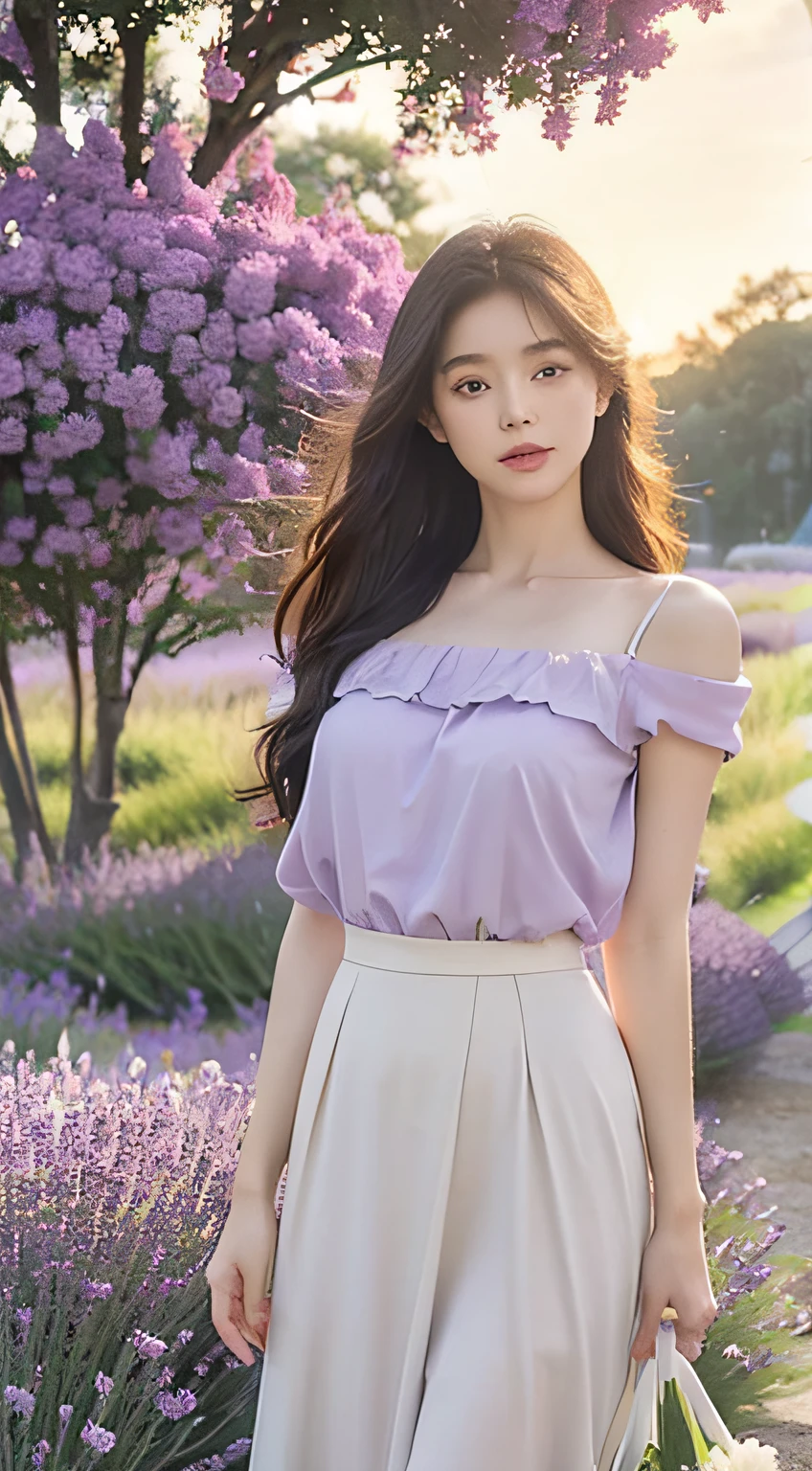 (hyperrealistic), (8K), ung girl, (beautiful detailed eyes), (beautiful detailed lips), (extremely detailed face), (long eyelashes), (soft smooth skin), (Supermodel body), (supermodel measurements), (wear Blouse and skirt), (in the lavender field), (stand Back to the camera), (vivid colors), (bright sunlight), (subtle shadows), (gentle breeze), (butterflies fluttering around), (delicate lavender scent), (dewdrops on flowers), (tall green grass), (lush purple lavender bushes), (golden sunset), (soft warm glow), (dreamlike atmosphere), (crisp clear details), (high definition), (natural lighting), (impeccable quality), (ultra-fine painting), (romantic and serene), (postcard-worthy scene), (captivating beauty), (innocence and youthfulness), (sublime elegance), (timeless charm), (ethereal mood), (artistic masterpiece), (mesmerizing composition), (flawless artistry), mix4
