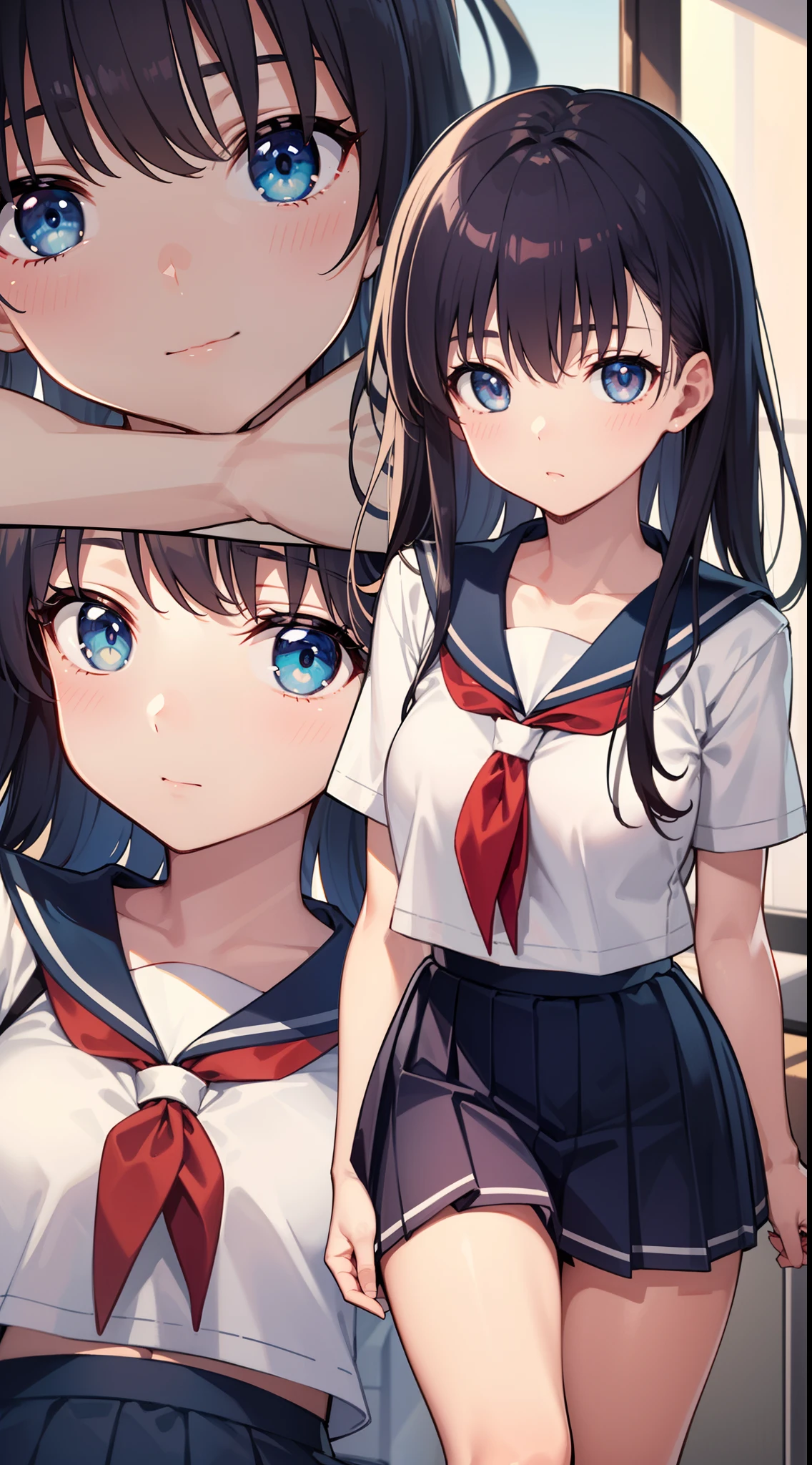 ,Green eyes, Hair Bow, Long hair, Black hair, Bow,
Blake Blue Skirt, Kiyosumi school uniform, Pleated skirt, School uniform, serafuku, Skirt,
BREAK looking at viewer,
Break indoors, crass room,
BREAK (masutepiece:1.2), Best Quality, High resolution, Unity 8k壁纸, (Illustration:0.8), (Beautiful detailed eyes:1.6), extra detailed face, Perfect Lighting, extremely details CG, (Perfect hands, Perfect Anatomy),