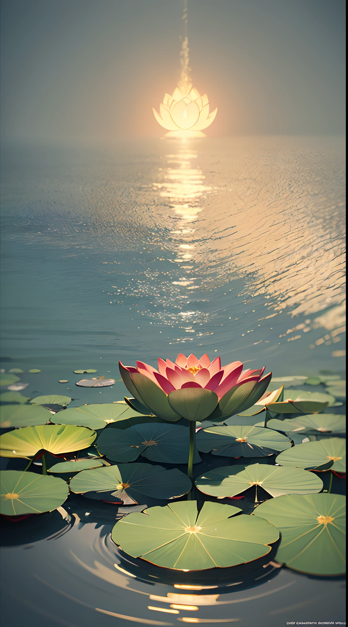 top view lotus flowers on the water surface, highly detailed render, concept art, depth of field, bokeh, octane render, sunny mystical atmosphere Elemental flowers, 32k, cinema