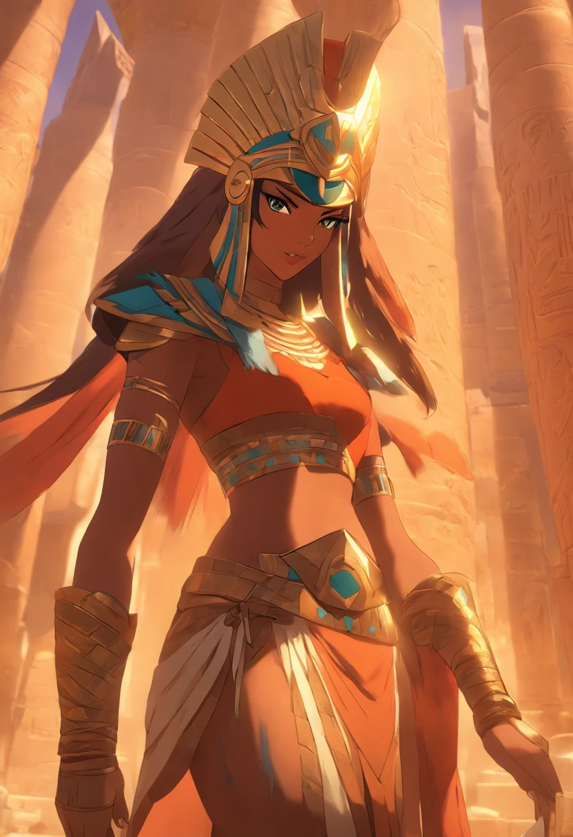 ((Neith with shield))) best quality, very high resolution, 4K detailed CG, masterpiece, Egyptian mythology, Neith, woman, shield, arrows, sun in the background, Ancient Egypt, standing pose, orange clothes, clothes Egyptians, Egyptian temple, desert, Ancient Egypt, ((standing pose)), Egyptian palace, aesthetics, beautiful image, centered on screen, full body