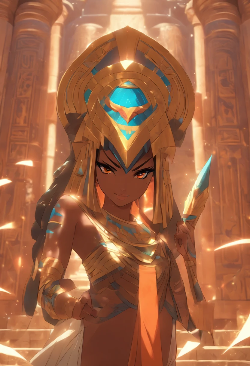((Neith with shield))) best quality, very high resolution, 4K detailed CG, masterpiece, Egyptian mythology, Neith, woman, shield, arrows, sun in the background, Ancient Egypt, standing pose, orange clothes, clothes Egyptians, Egyptian temple, desert, Ancient Egypt, ((standing pose)), Egyptian palace, aesthetics, beautiful image, centered on screen, full body