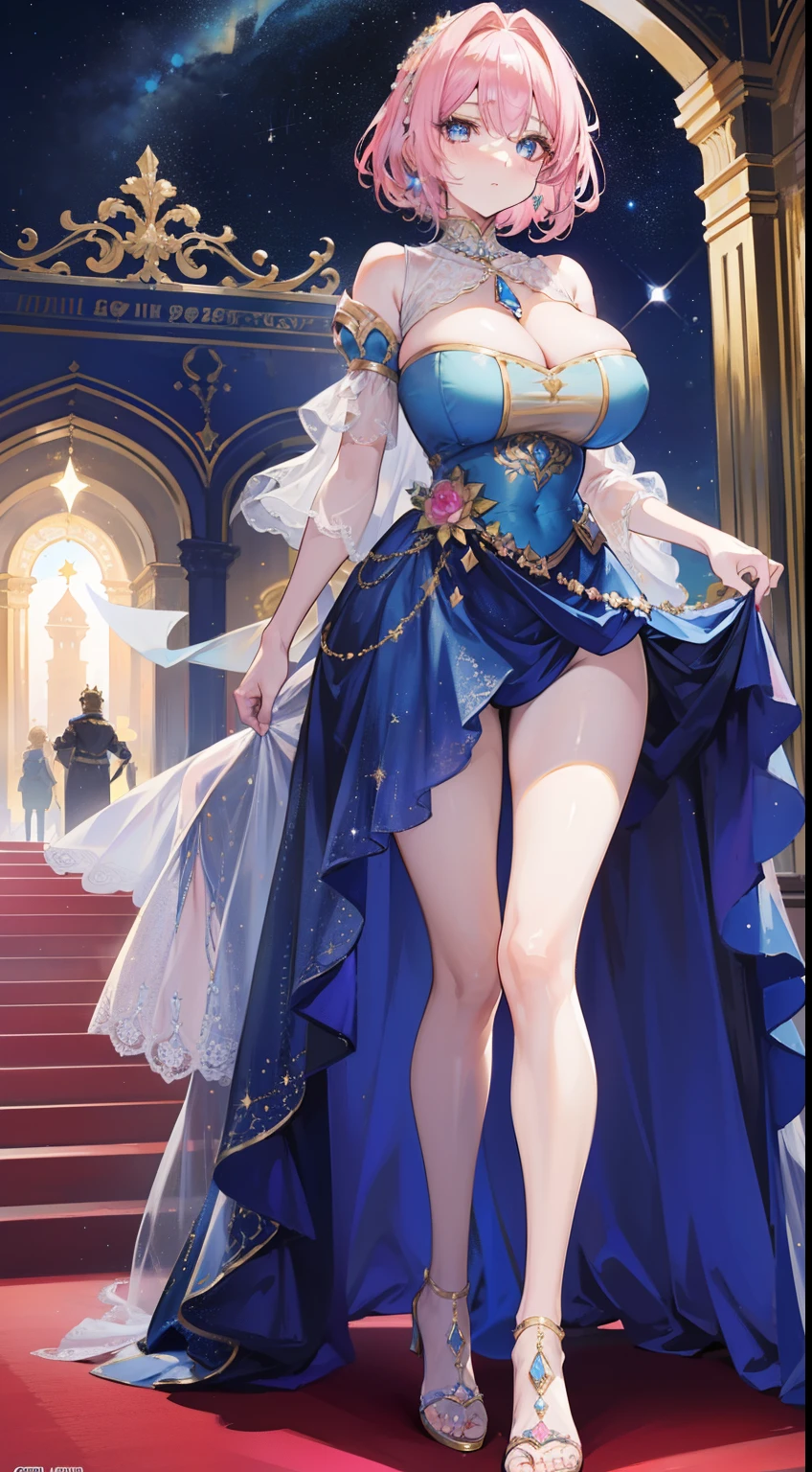 a beauty girl,(with short golden hair),Royal nobility,(A princess),Blue pupil,(Pink eyeshadow),Tall figure,((Bandeau dress)),Low-cut skirt,(Starry evening dress),show legs,Crystal heels,Red carpet,Prom site,(nobles),(huge tit)