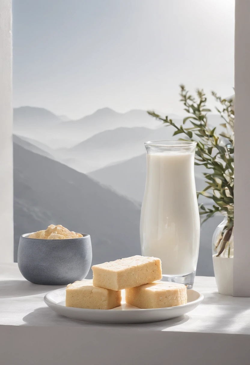 3 shortbread，A bowl of milk,farinha, Warm color room，Window projection，rays of sunshine，Mountain, Cinematic, Professional photography, Advertising photography, Intricate details, Hyper-detailed, Ultra photo realsisim, 8K  UHD