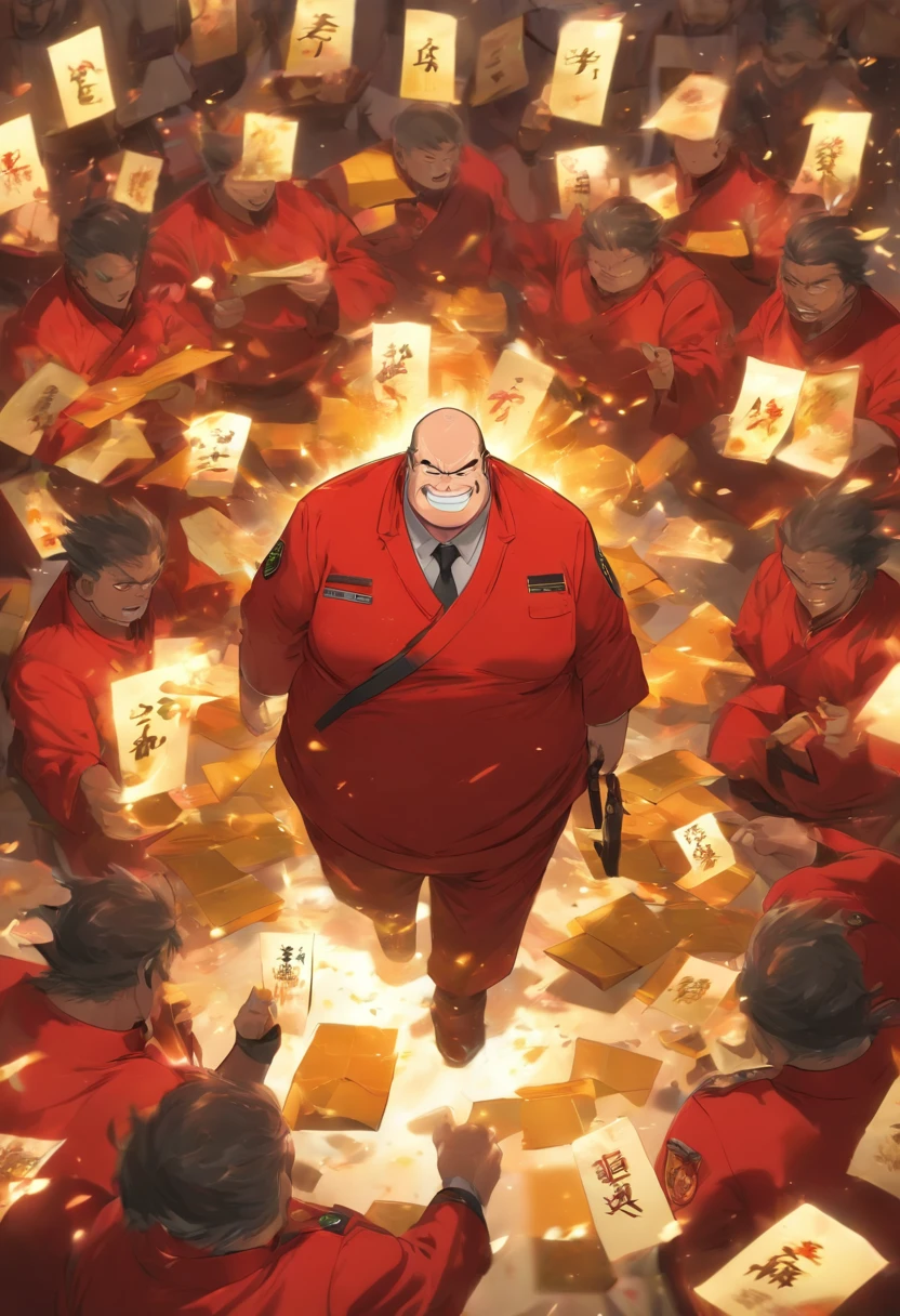 A balding fat man,dine,Receive red envelopes,police officers