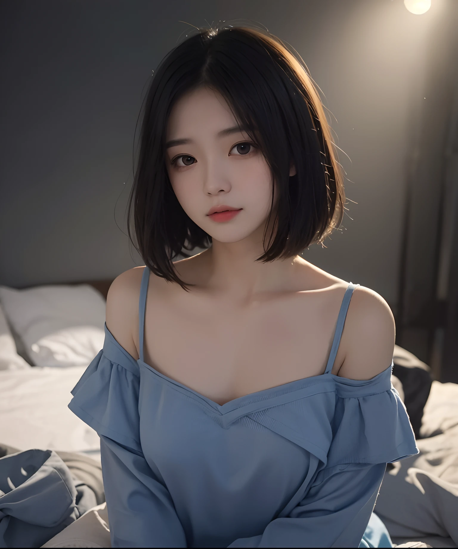 best qualtiy, tmasterpiece, 超高分辨率, (realisticlying:1.5), RAW photogr, 1girll, bshoulders, in the darkness nigth, deep shading, low tune, cold light, short detailed hair