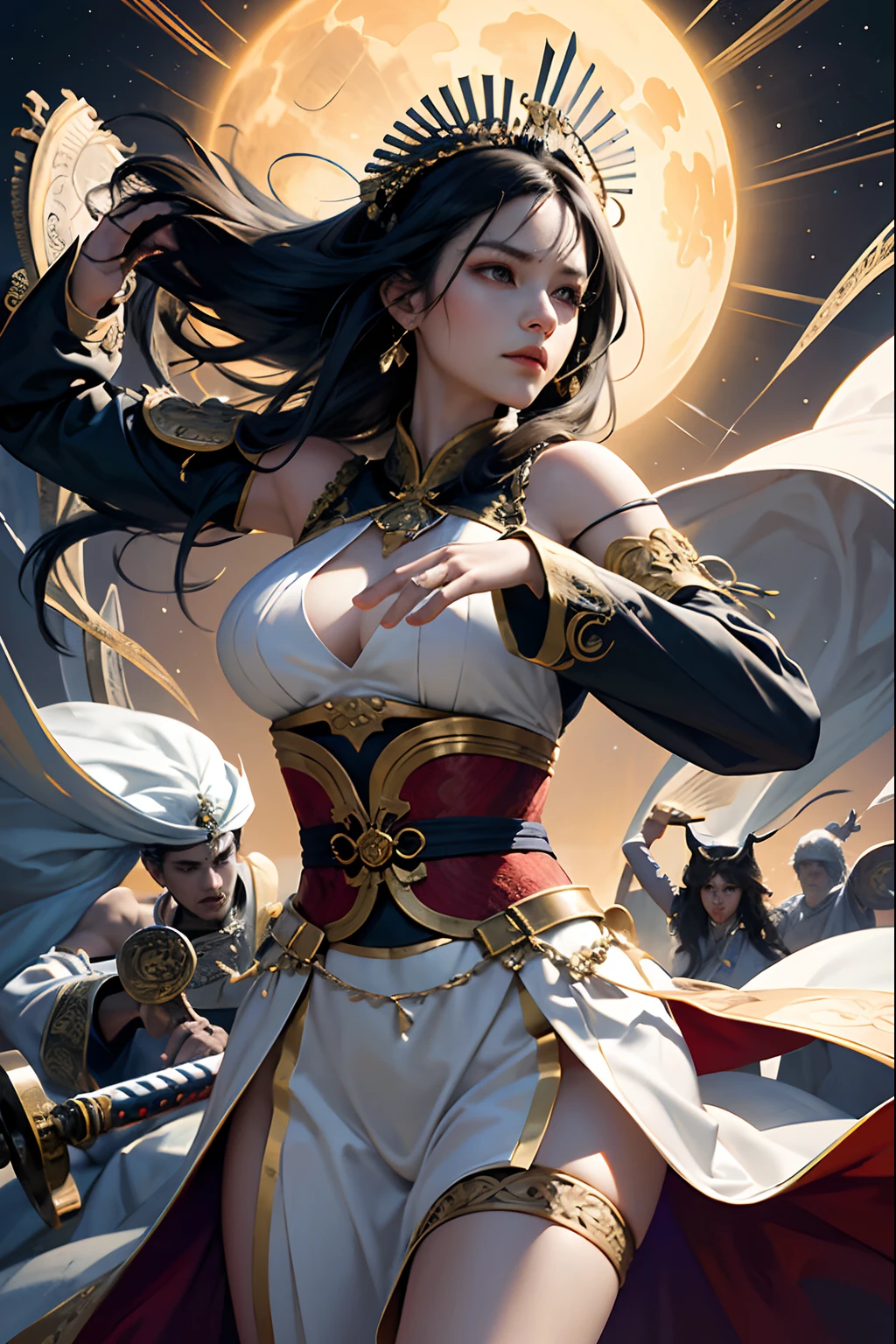 Majestic and awe-inspiring landscape
Dramatic lighting and atmospheric effects
Sword qi and rotation of dynamic movement
Mystery and spiritual power
Traditional elements with a touch of fantasy
A symbolic representation of courage and determination
Intricate details of the sword and its design
Express grace and grace in action
Cultural and historical significance in artworks
A fusion of realism with imaginative and mythological elements.Exquisite Hanfu or traditional warrior costumes
Gorgeous design and intricate embroidery
Symbolic colors that represent different virtues or elements
Flowing robes，Emphasize the character's movements
Tassels or accessories that showcase a character's status or expertise
Elegant sleeves and accessories，Enhance elegance and power，White longsword
A traditional headwear or hairstyle design that symbolizes a character's role or identity
Incorporate historical costume details for a specific dynasty or period in China
Use traditional patterns or patterns that reflect your character's background or origin
The costume design blends harmoniously with the overall theme and atmosphere of the painting.