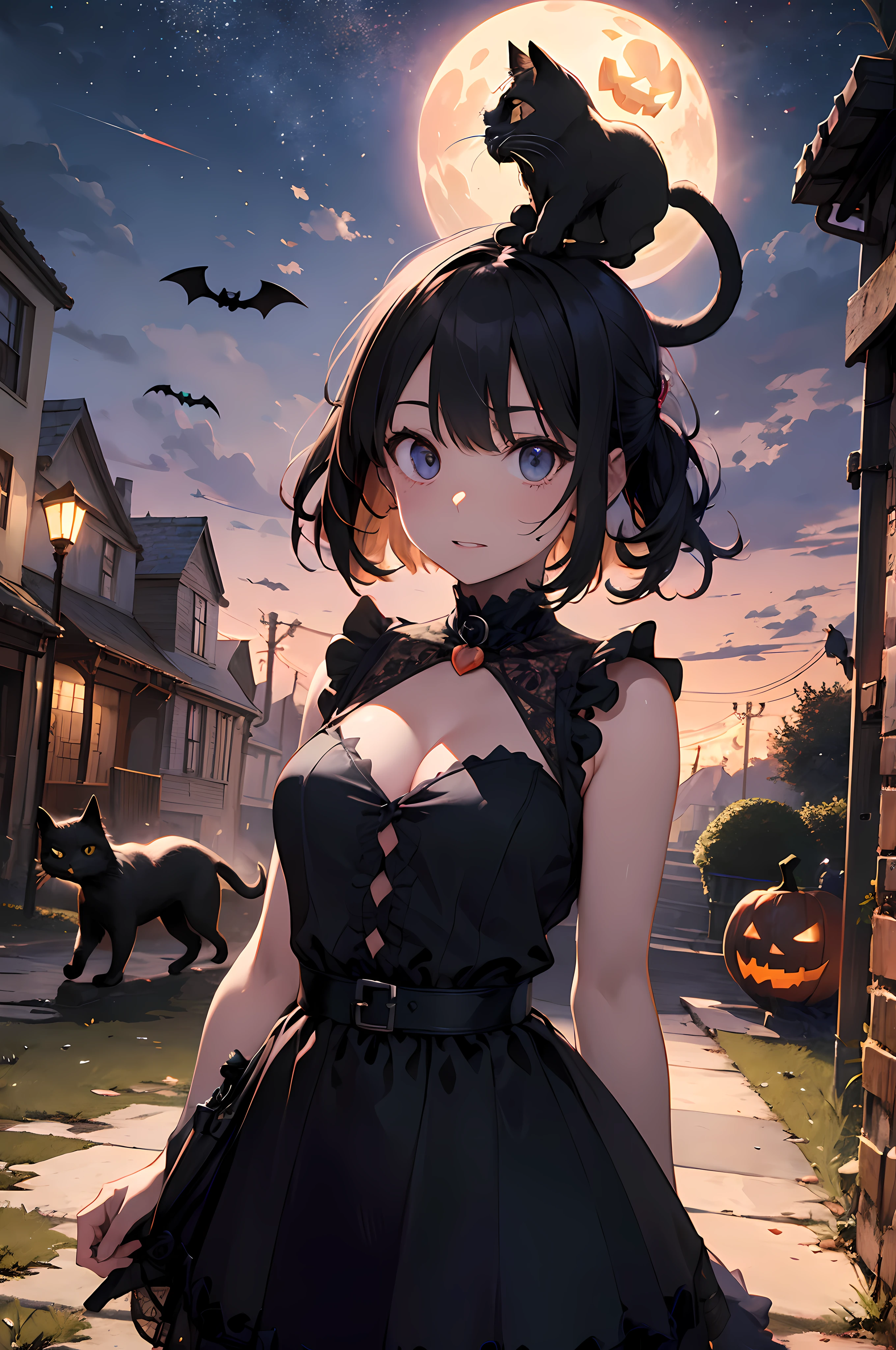 (master piece:1.4),(hyper quality:1.2),(Hyper Detailed:1.4),(Perfect drawing),3D,16K illustrations,((clearface)),(Hi-Res),(She wears a beautiful dress that only a person with a pure heart can see),1 persons、(((Adult woman holding black cat)))、silber hair、(((Dimly glowing body)))、((ghosting))、Halloween、the witch、(Jack-o'-lantern)、Abandoned castle、dead wood、(((black cat、odd eye)))、the bats、lightning、red fullmoon、((beatiful backgrounds)),(((Detailed drawing))),Perfect Beautiful Girl,Perfect Photo、